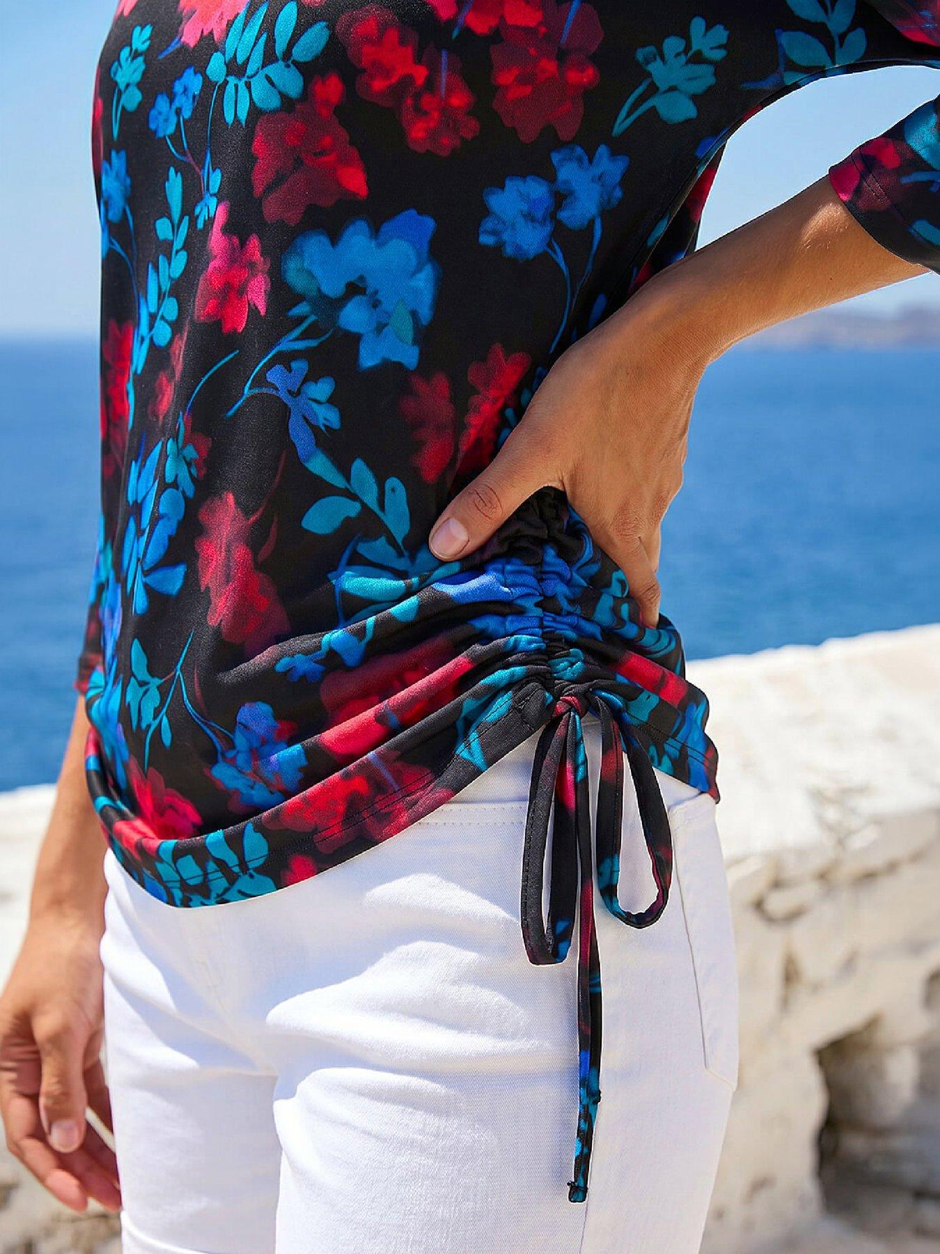 Image 2 of 4 of Roman Womens Side Tie Stretch Floral Print Blouse - Blue