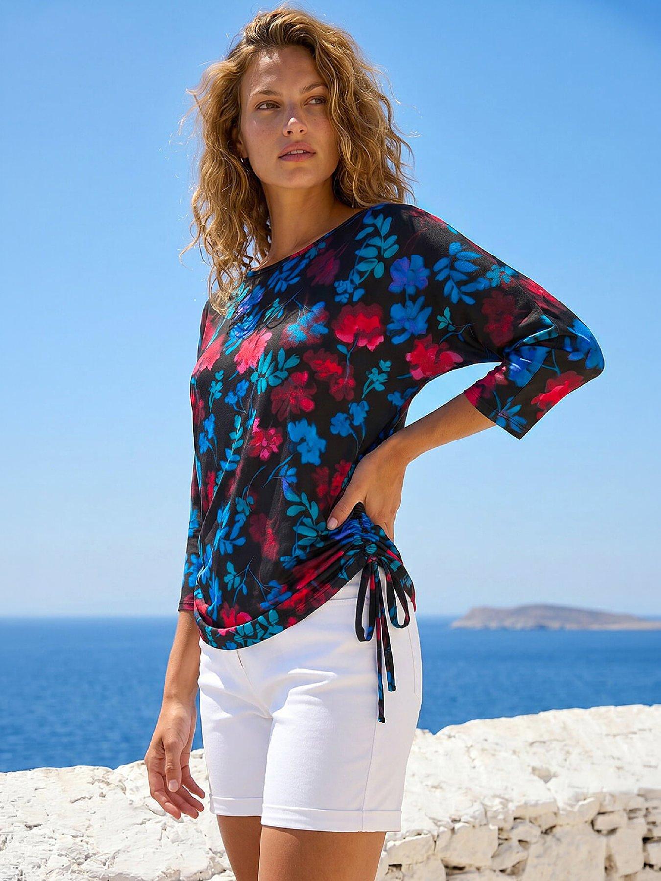 Image 4 of 4 of Roman Womens Side Tie Stretch Floral Print Blouse - Blue