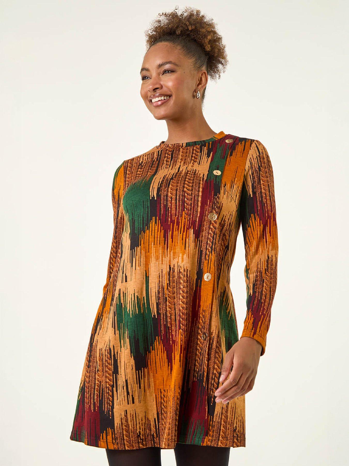 Image 1 of 4 of Roman Womens Abstract Side Buttoned Dress - Orange