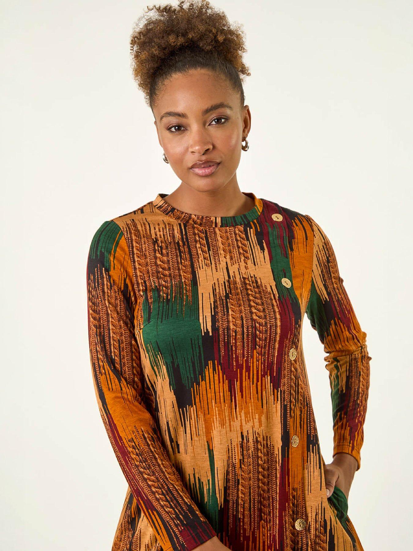 Image 2 of 4 of Roman Womens Abstract Side Buttoned Dress - Orange