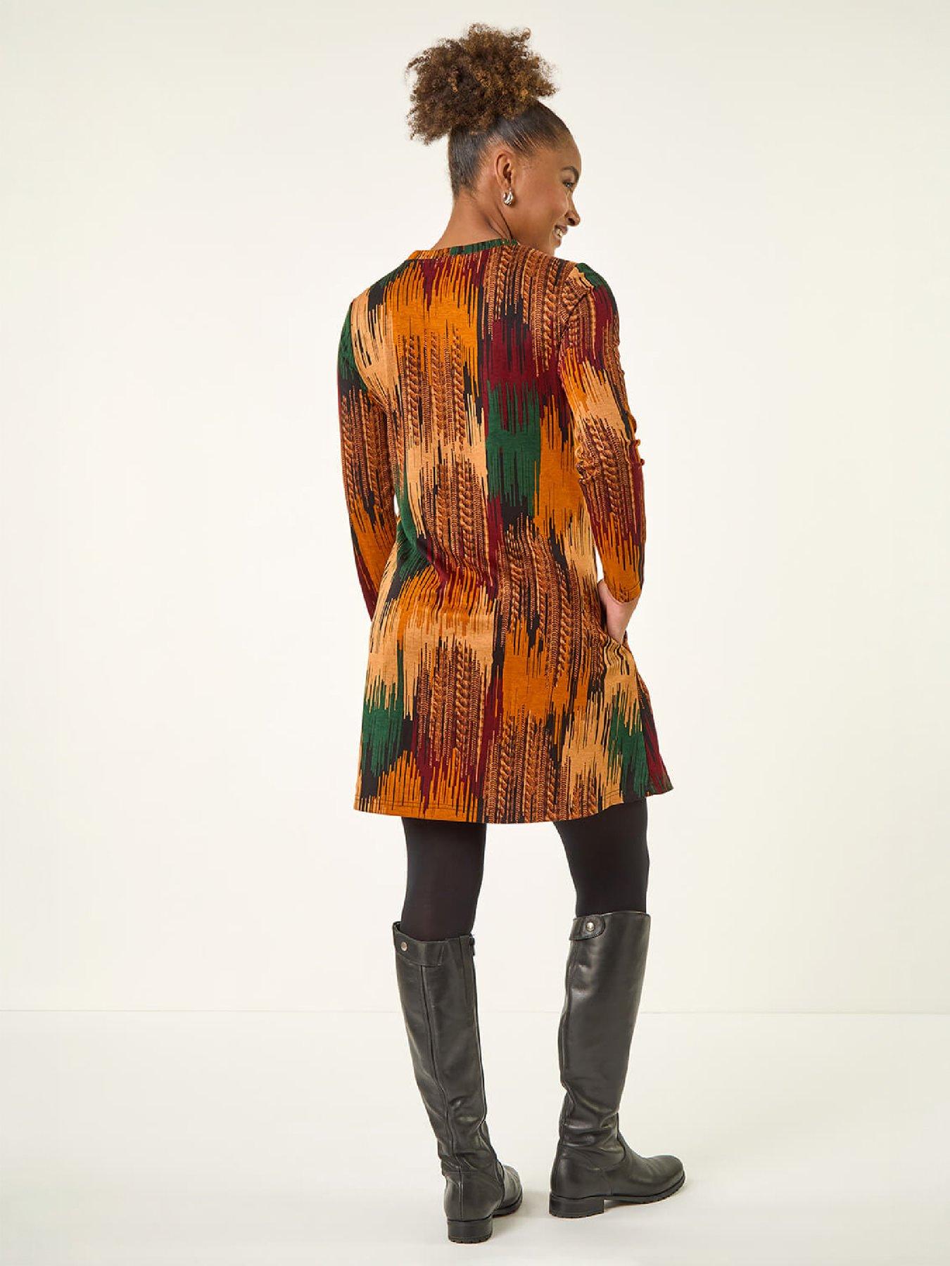 Image 3 of 4 of Roman Womens Abstract Side Buttoned Dress - Orange