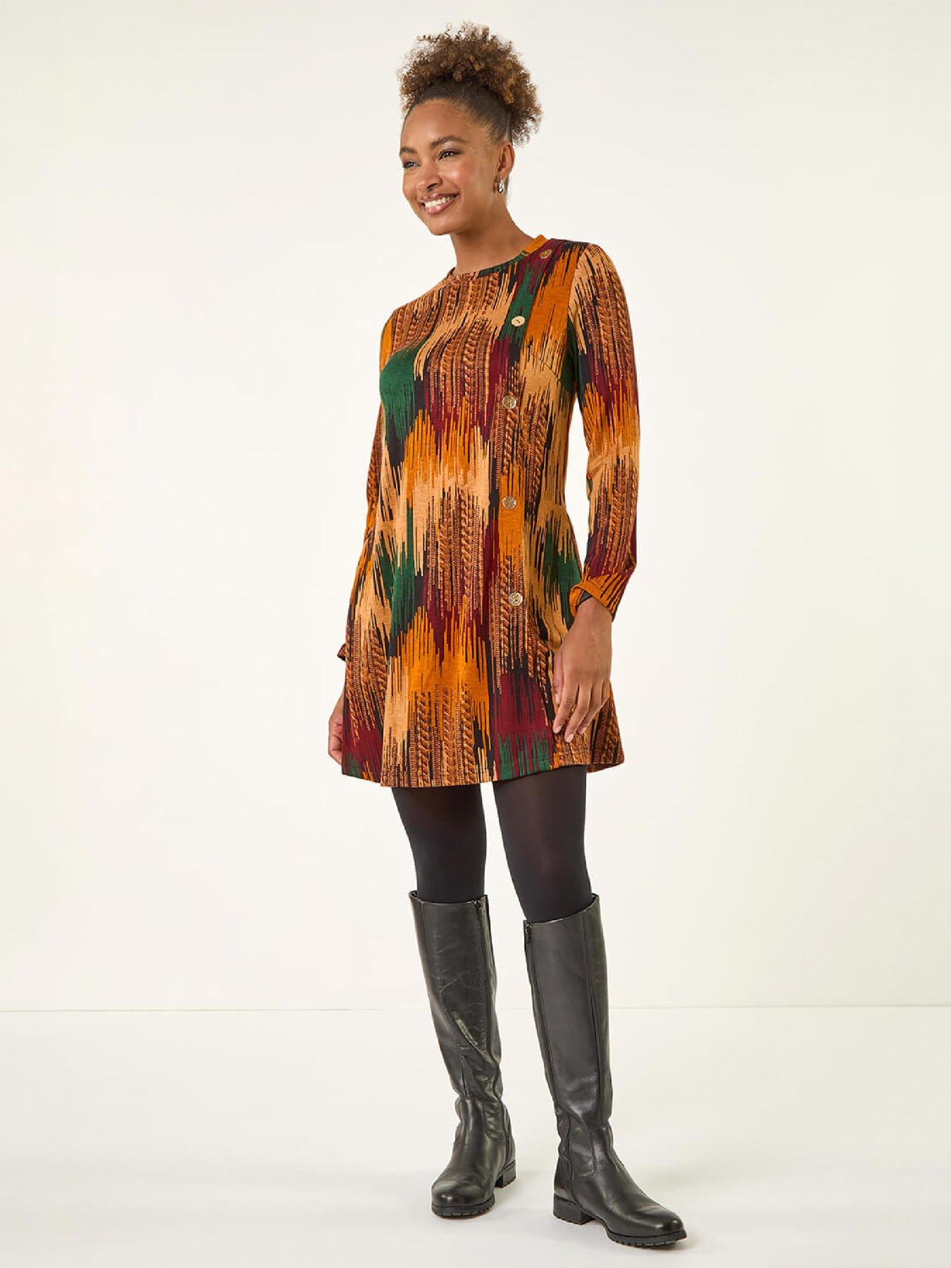 Image 4 of 4 of Roman Womens Abstract Side Buttoned Dress - Orange