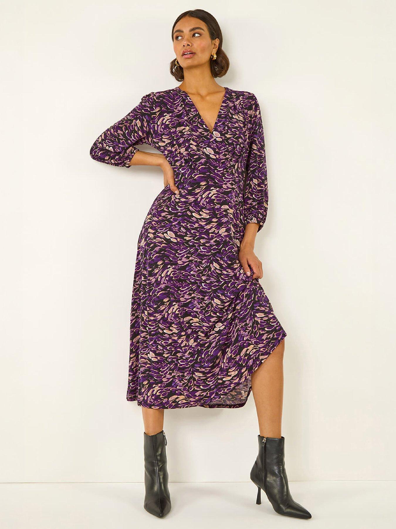 Roman Women's Purple Abstract Print Midi Dress In Size 16 - Image 7