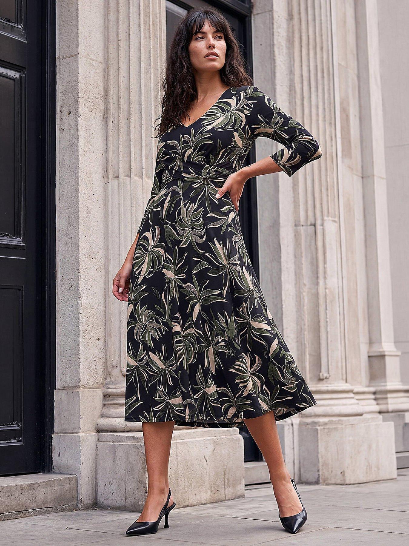 Image 1 of 4 of Roman Womens Cross-Over V-Neck Fit And Flare Midi Dress - Green