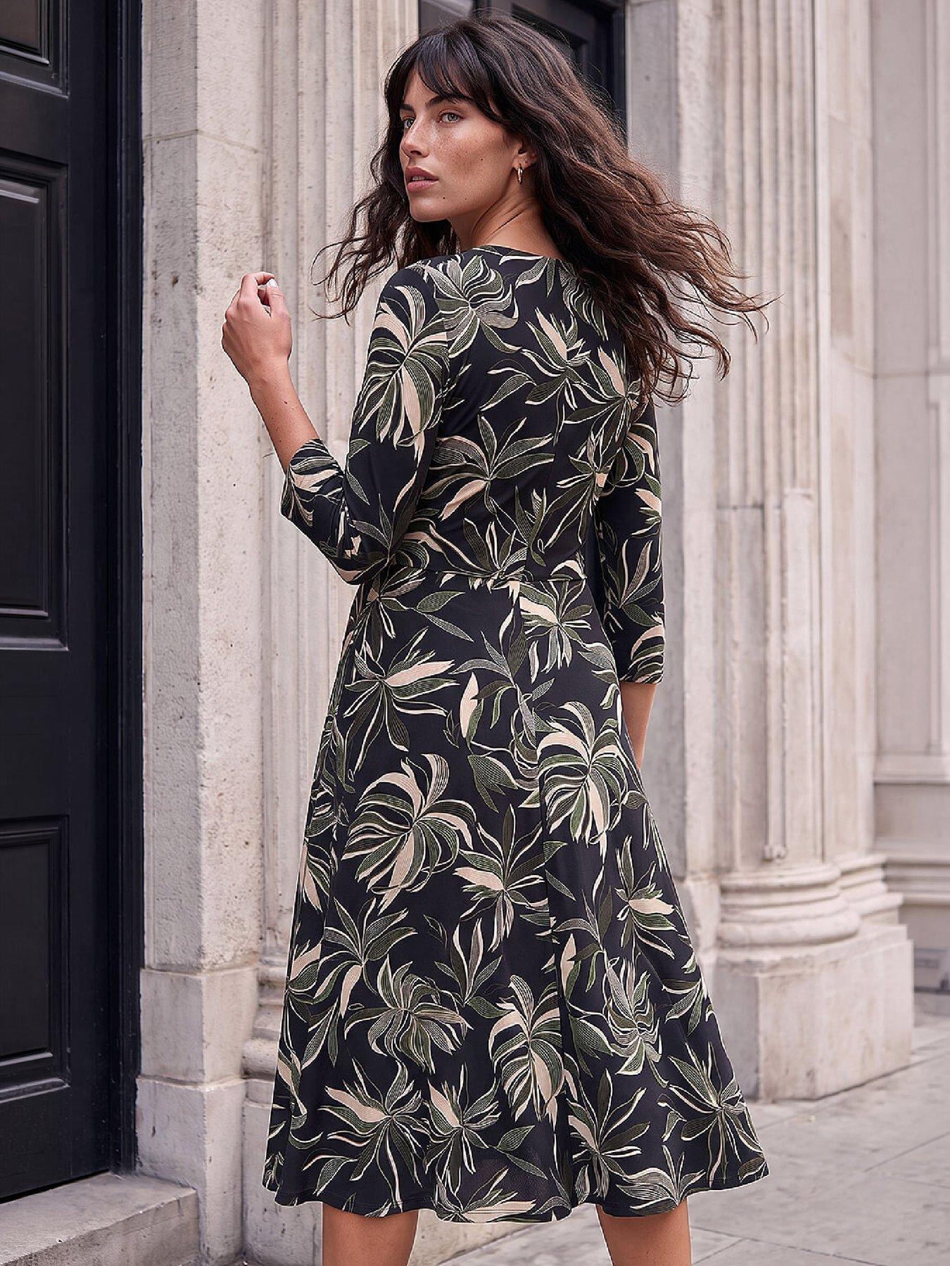 Image 3 of 4 of Roman Womens Cross-Over V-Neck Fit And Flare Midi Dress - Green