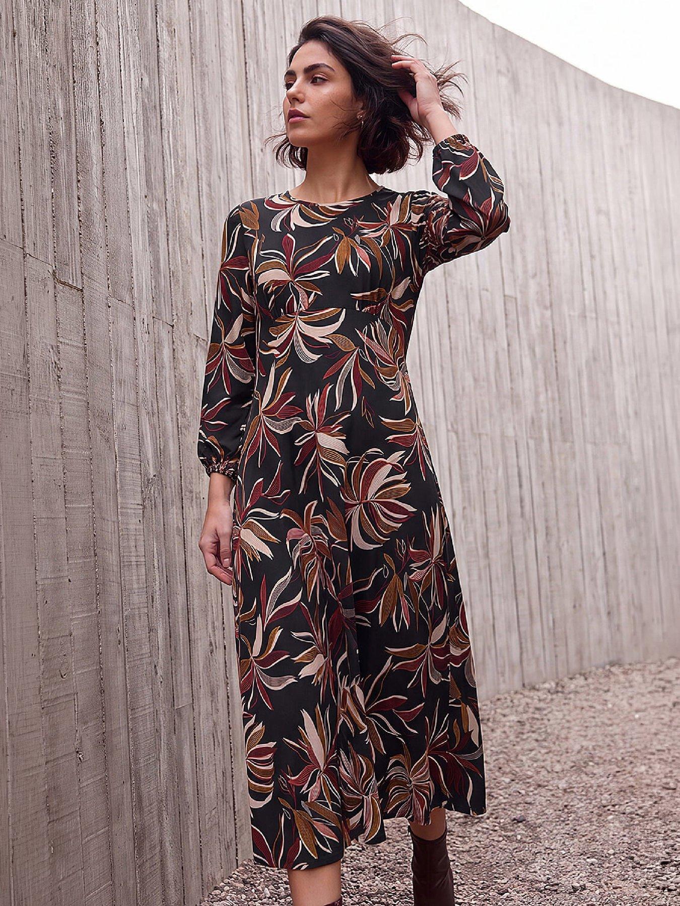 Roman Women's Rust Leaf Print A-Line Dress Size 16 - Image 6