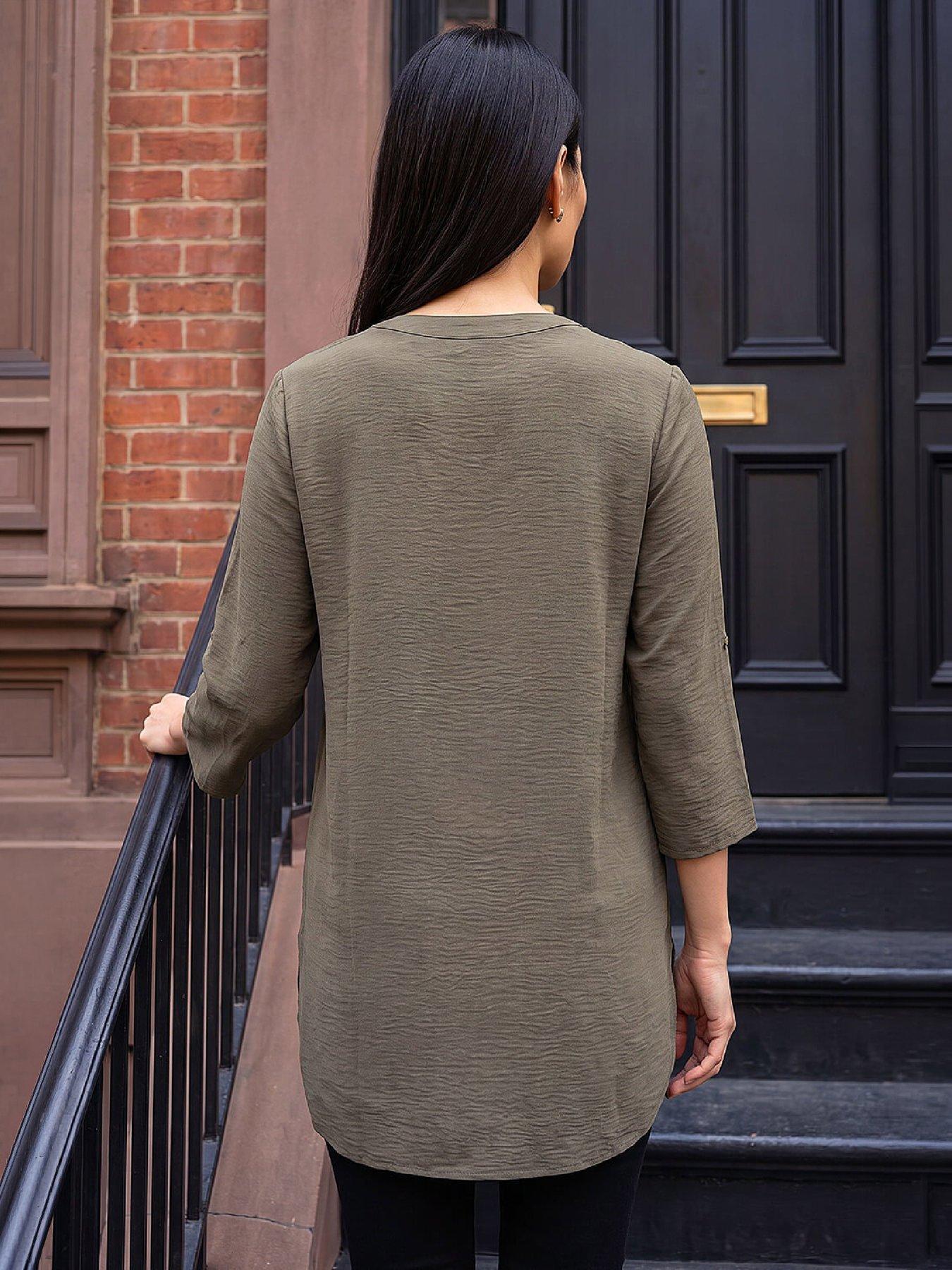 Image 3 of 4 of Roman Womens Longline Notch Neck Gold Button Blouse - Green