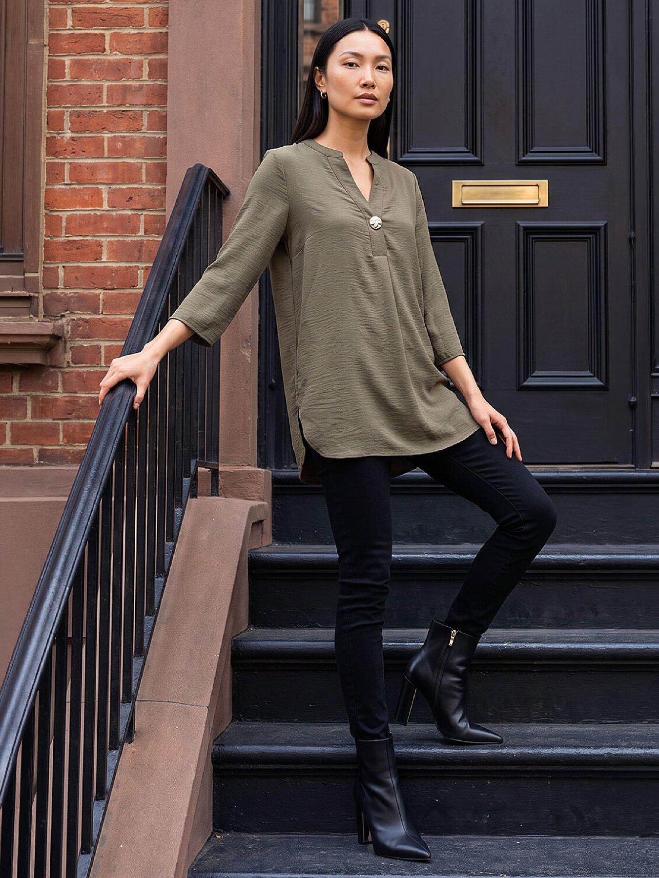 Image 4 of 4 of Roman Womens Longline Notch Neck Gold Button Blouse - Green