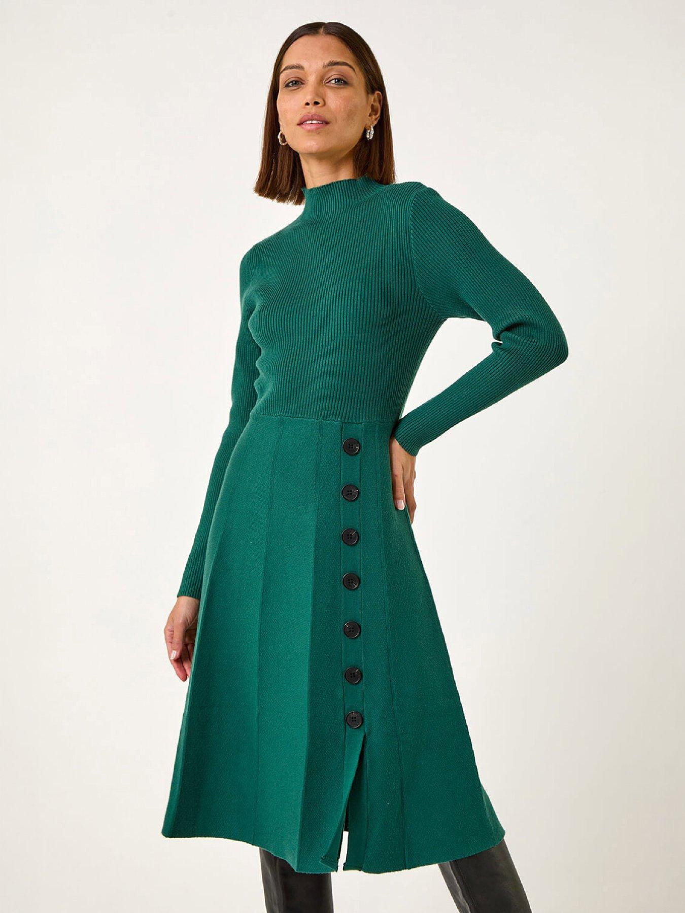 womens knitted dresses uk Roman Fit and Flare Button Detail Dress - Green print:Small Floral