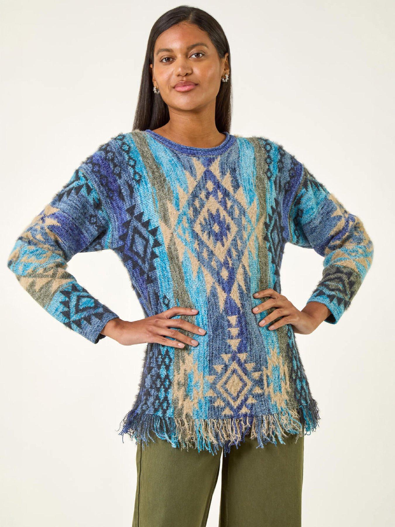 Roman Women's Blue Jacquard Tassel Trim Knit Jumper In Size 20 - Image 2
