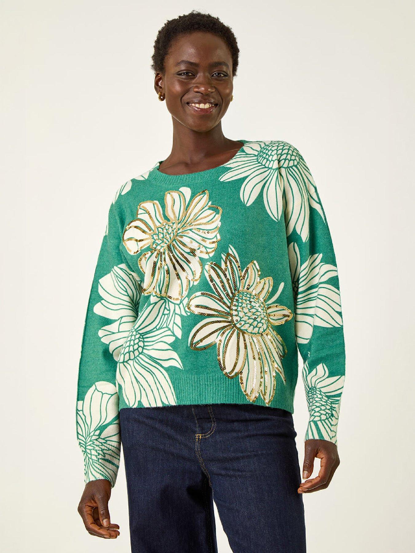 Roman Women's Floral Crew Neck Knit Jumper in Green | Size: 20 - Image 3