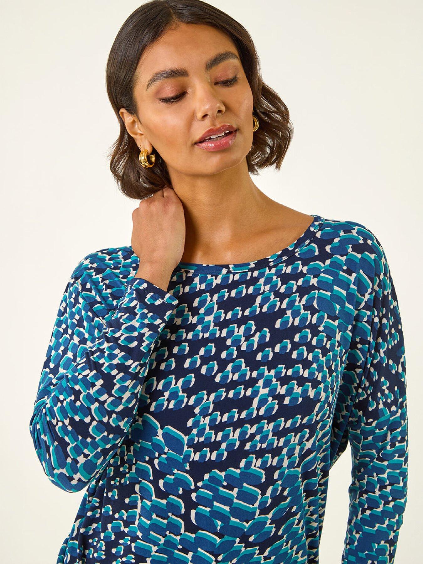 Image 1 of 4 of Roman Womens Bubble Hem Printed Long Sleeve Blouse - Blue