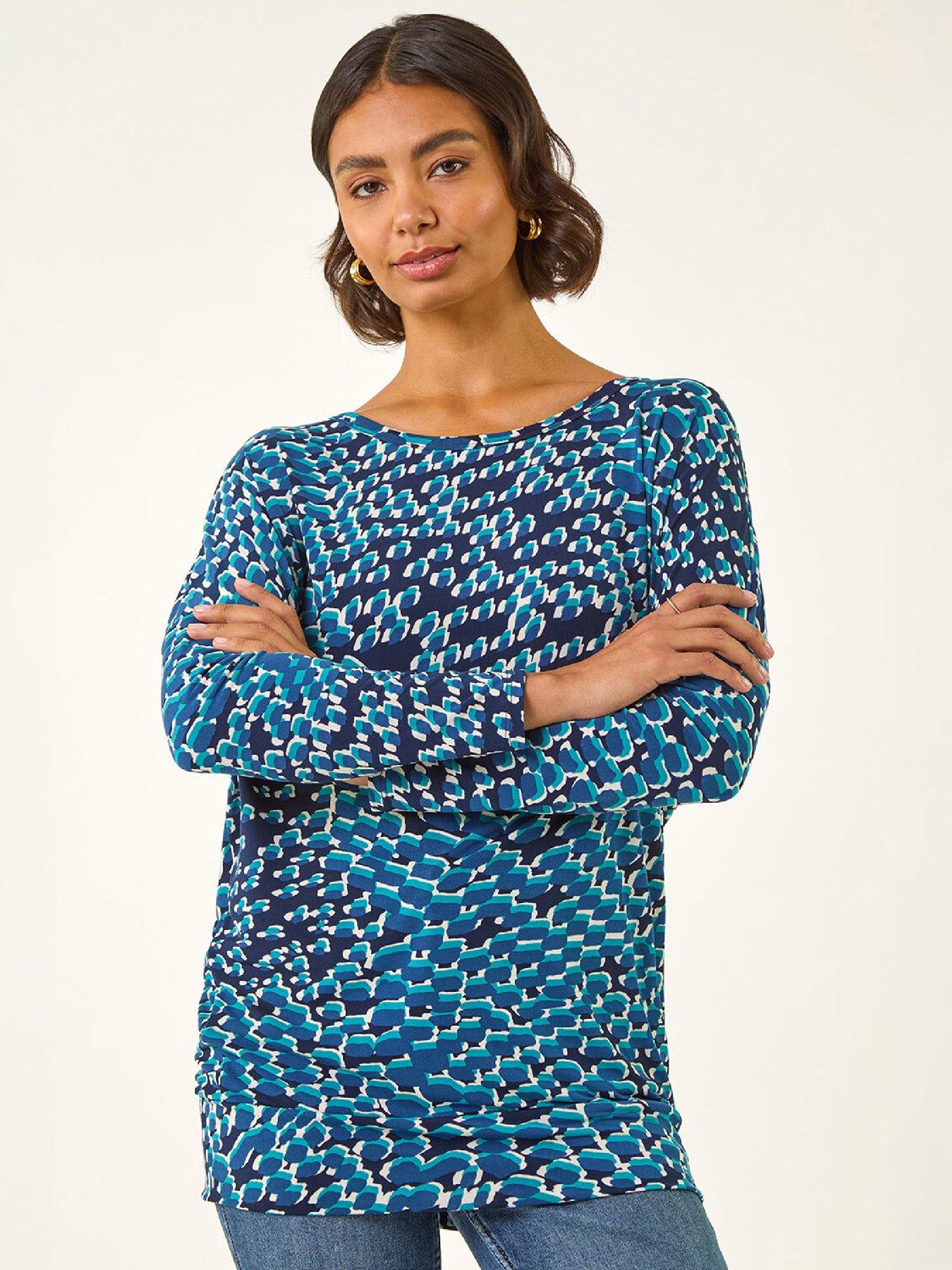Image 2 of 4 of Roman Womens Bubble Hem Printed Long Sleeve Blouse - Blue