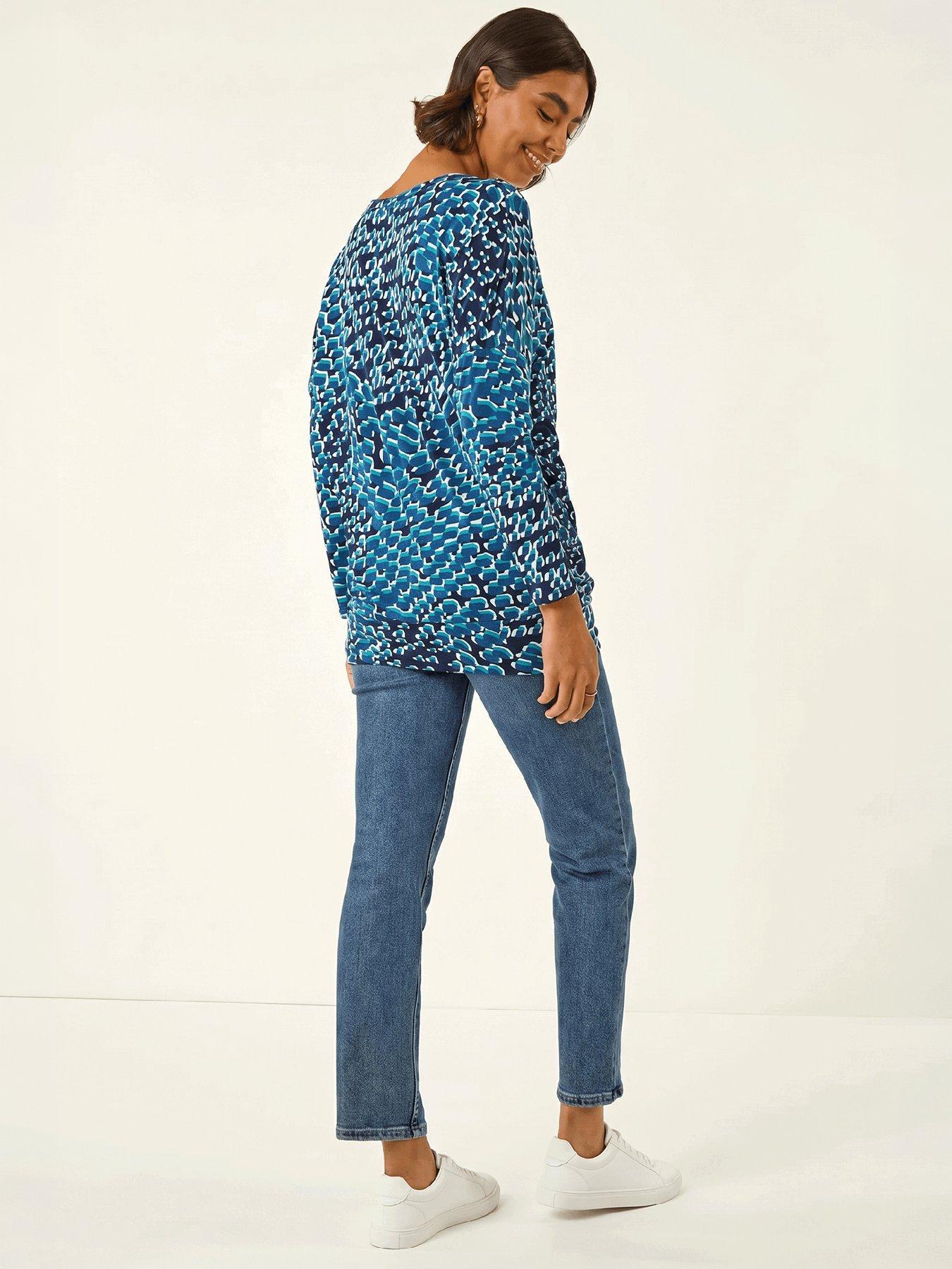 Image 3 of 4 of Roman Womens Bubble Hem Printed Long Sleeve Blouse - Blue