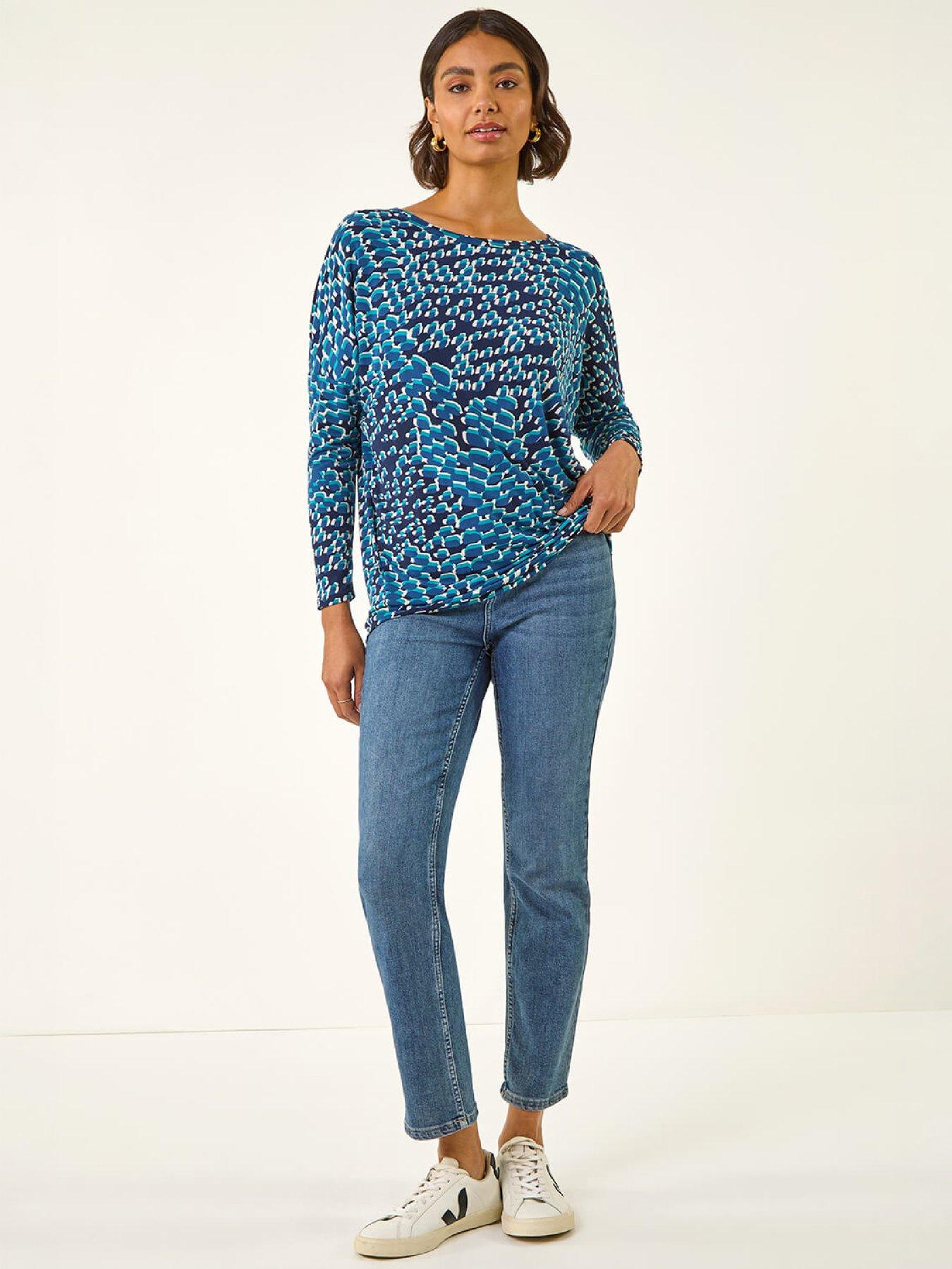 Image 4 of 4 of Roman Womens Bubble Hem Printed Long Sleeve Blouse - Blue