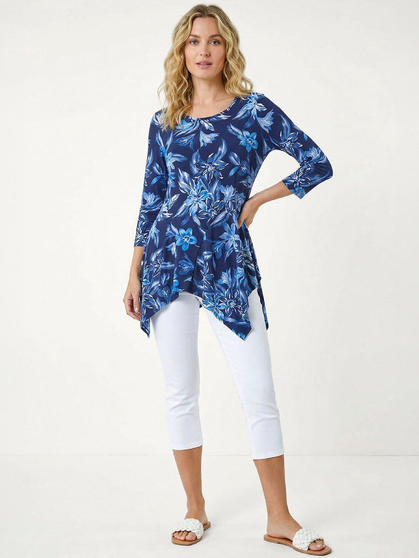 Image 1 of 4 of Roman Womens Floral Print Asymmetric Tunic Top - Blue