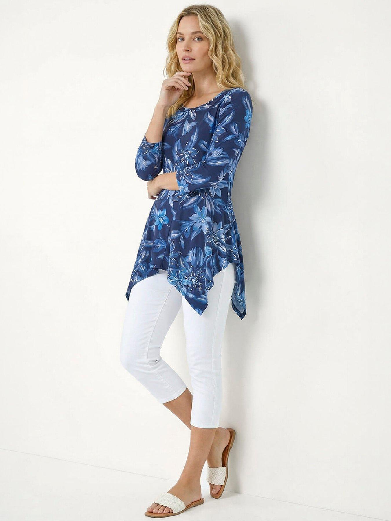 Image 2 of 4 of Roman Womens Floral Print Asymmetric Tunic Top - Blue