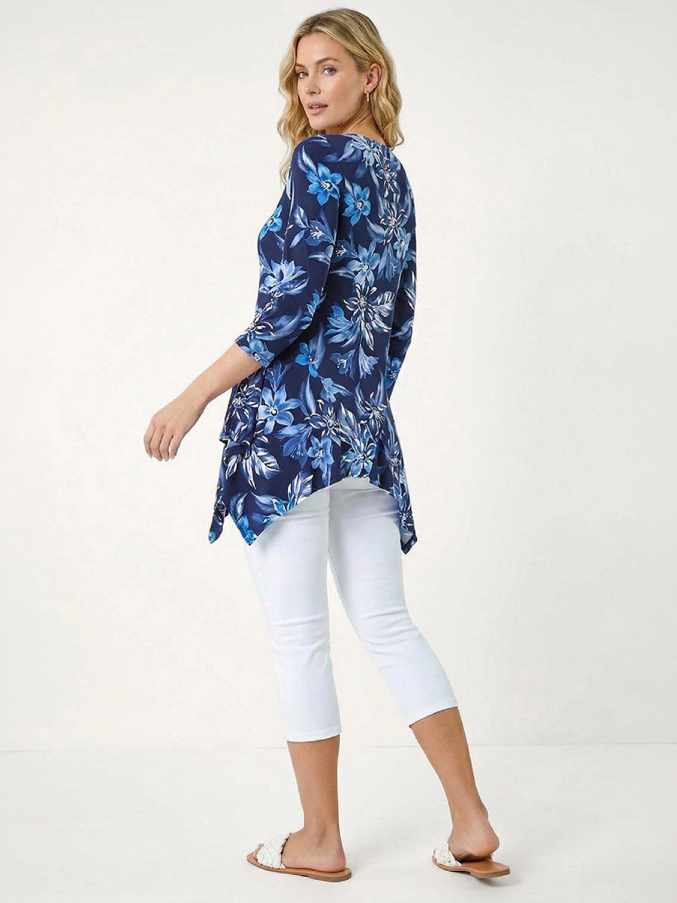 Image 4 of 4 of Roman Womens Floral Print Asymmetric Tunic Top - Blue