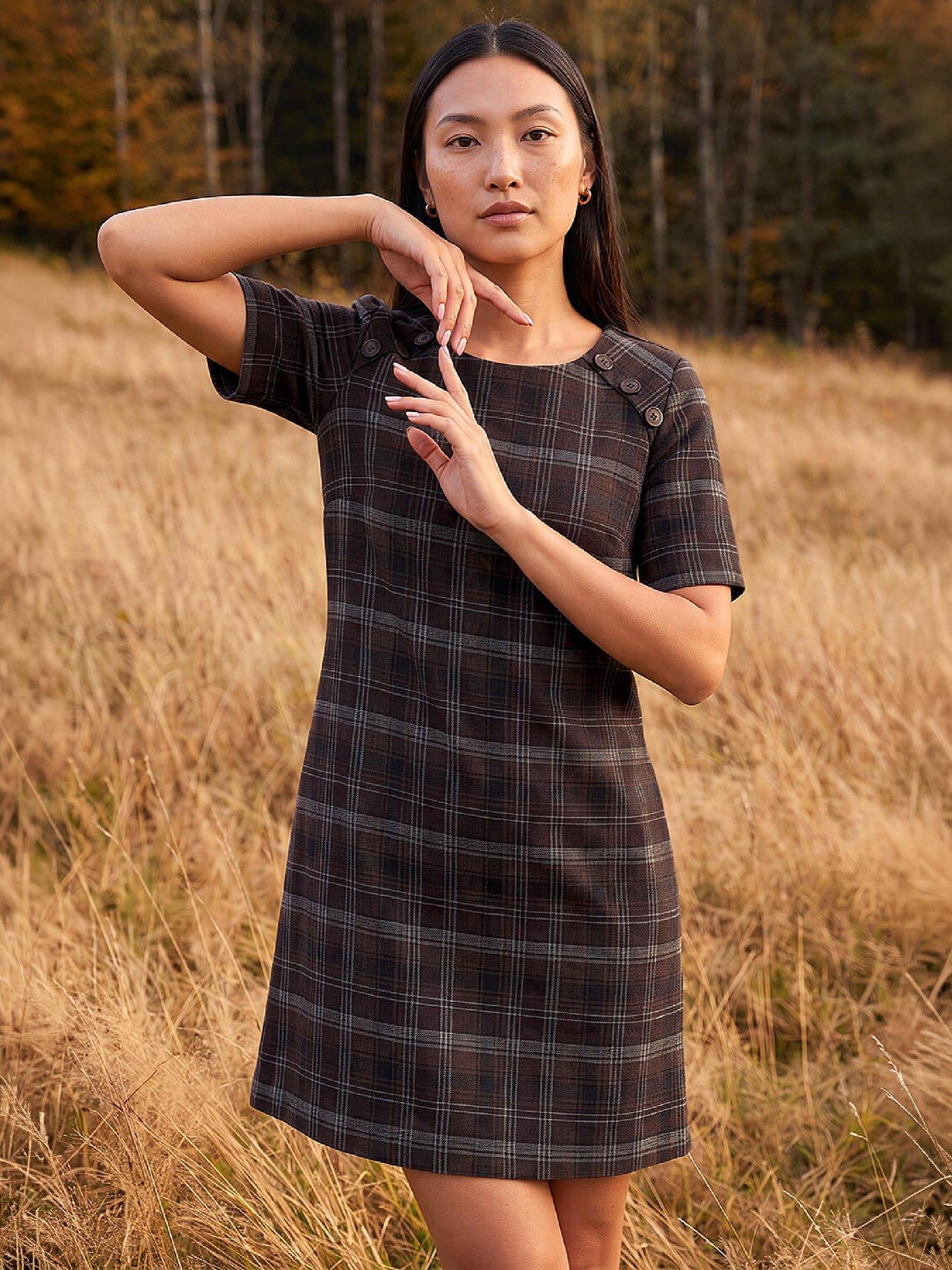 Image 1 of 3 of Roman Womens Check Button Detail Dress - Brown
