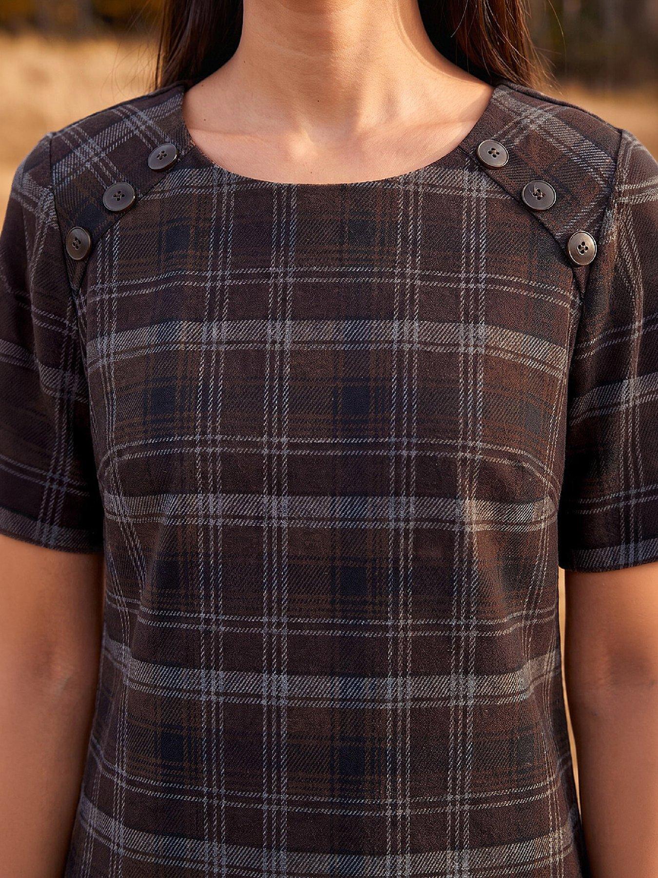 Image 2 of 3 of Roman Womens Check Button Detail Dress - Brown
