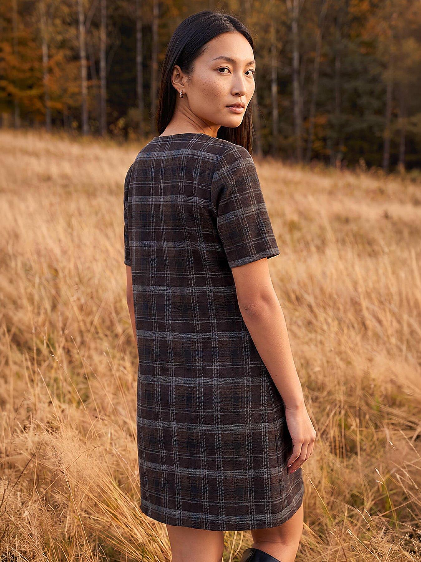 Image 3 of 3 of Roman Womens Check Button Detail Dress - Brown