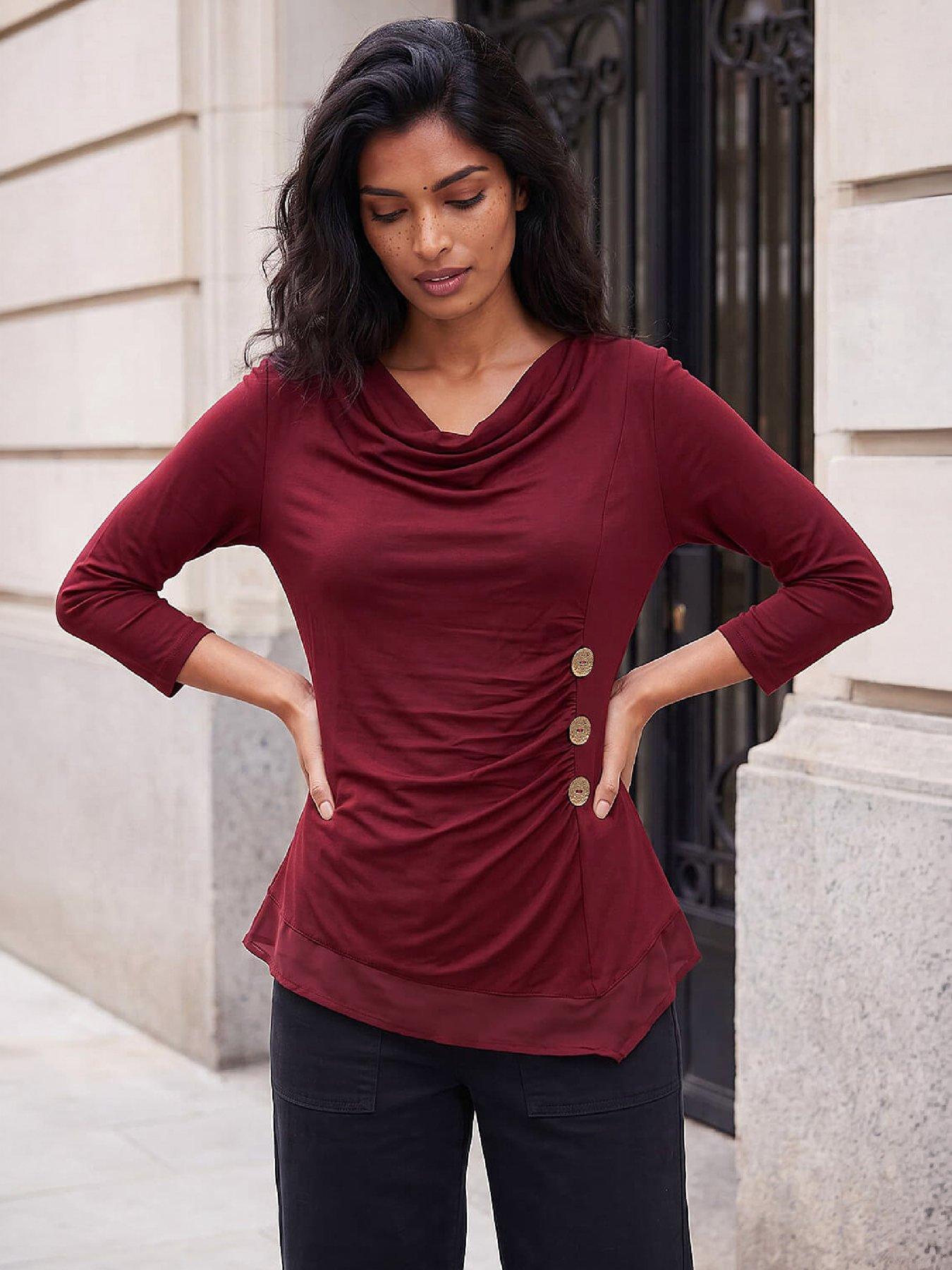 Roman Burgundy Button Detail Chiffon Hem Top - Image 3