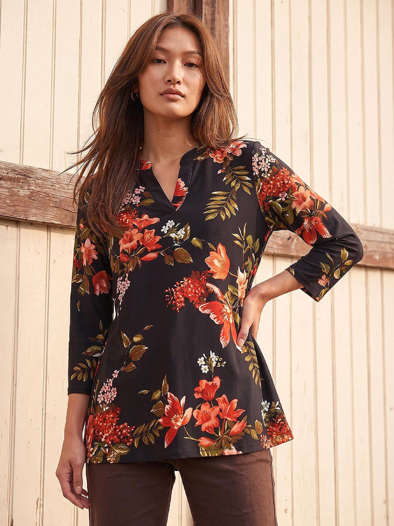 Image 1 of 4 of Roman Womens Floral Print Hanky Hem Tunic Top - Red