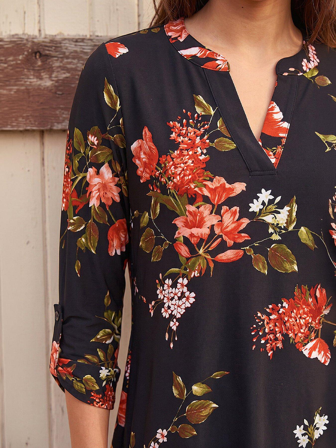 Image 2 of 4 of Roman Womens Floral Print Hanky Hem Tunic Top - Red