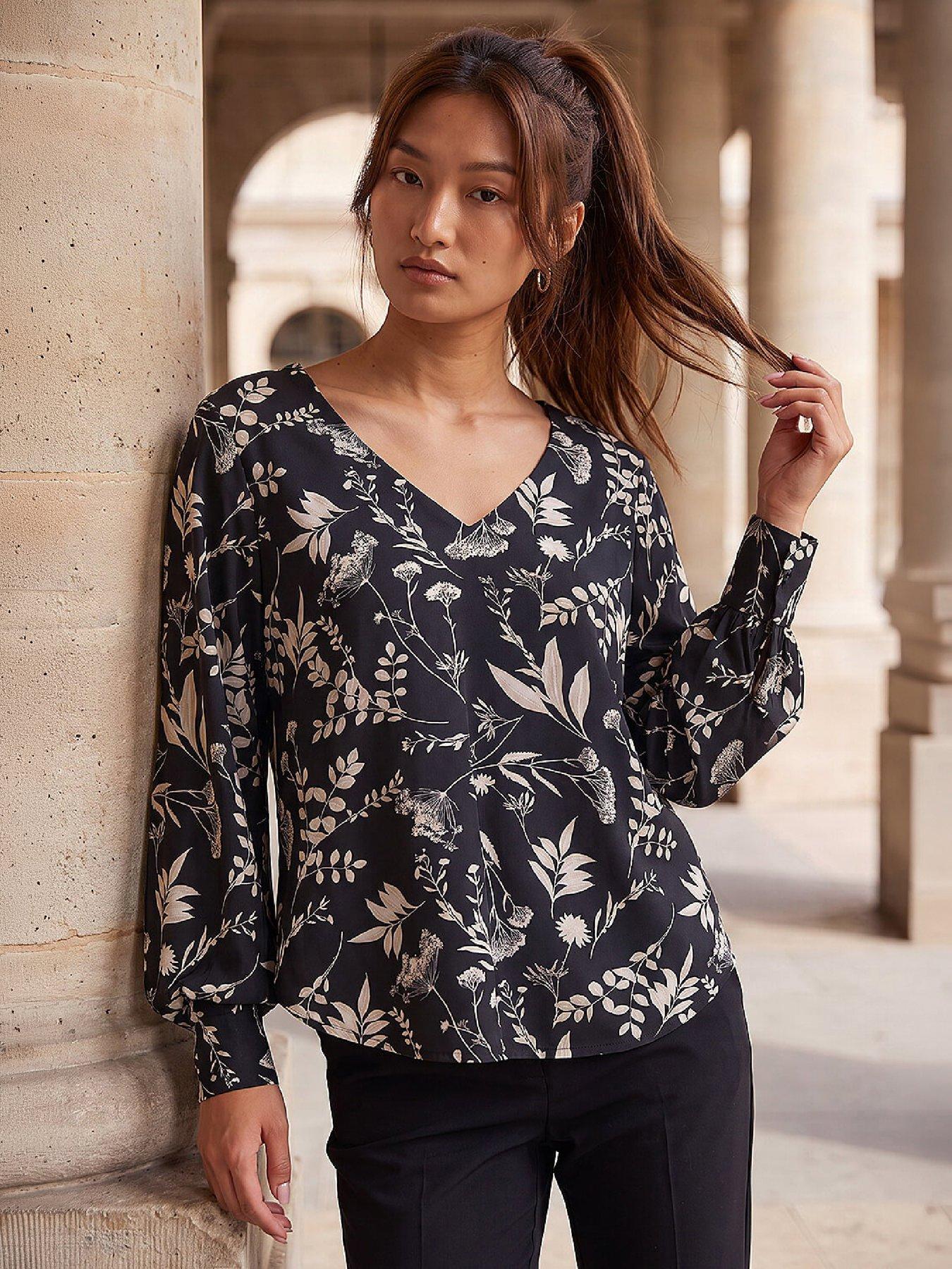 Roman Women's Floral Puff Print Stretch Shirt in Black | Size: 14 - Image 2