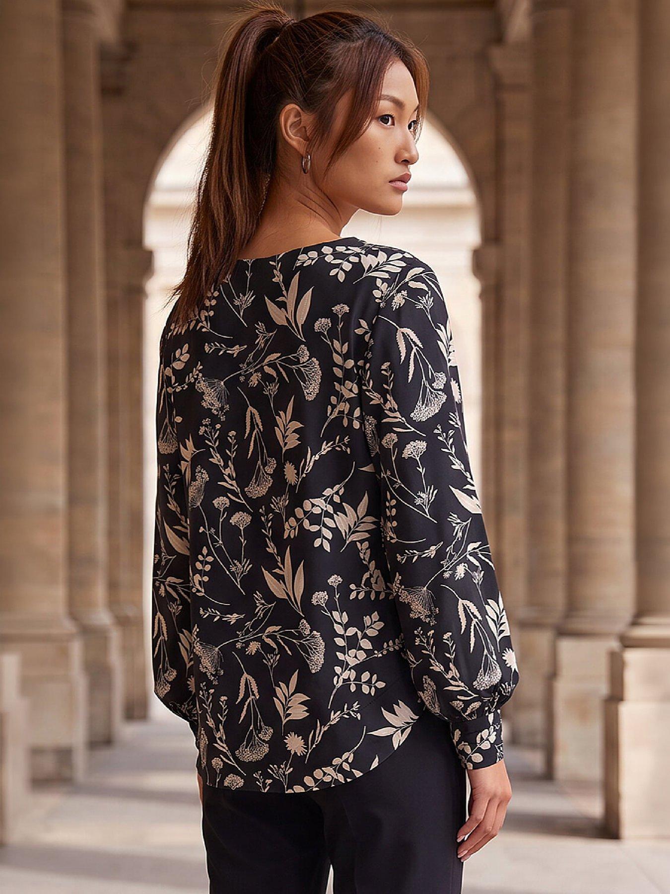 Image 4 of 4 of Roman Womens Floral Puff Print Stretch Shirt - Black