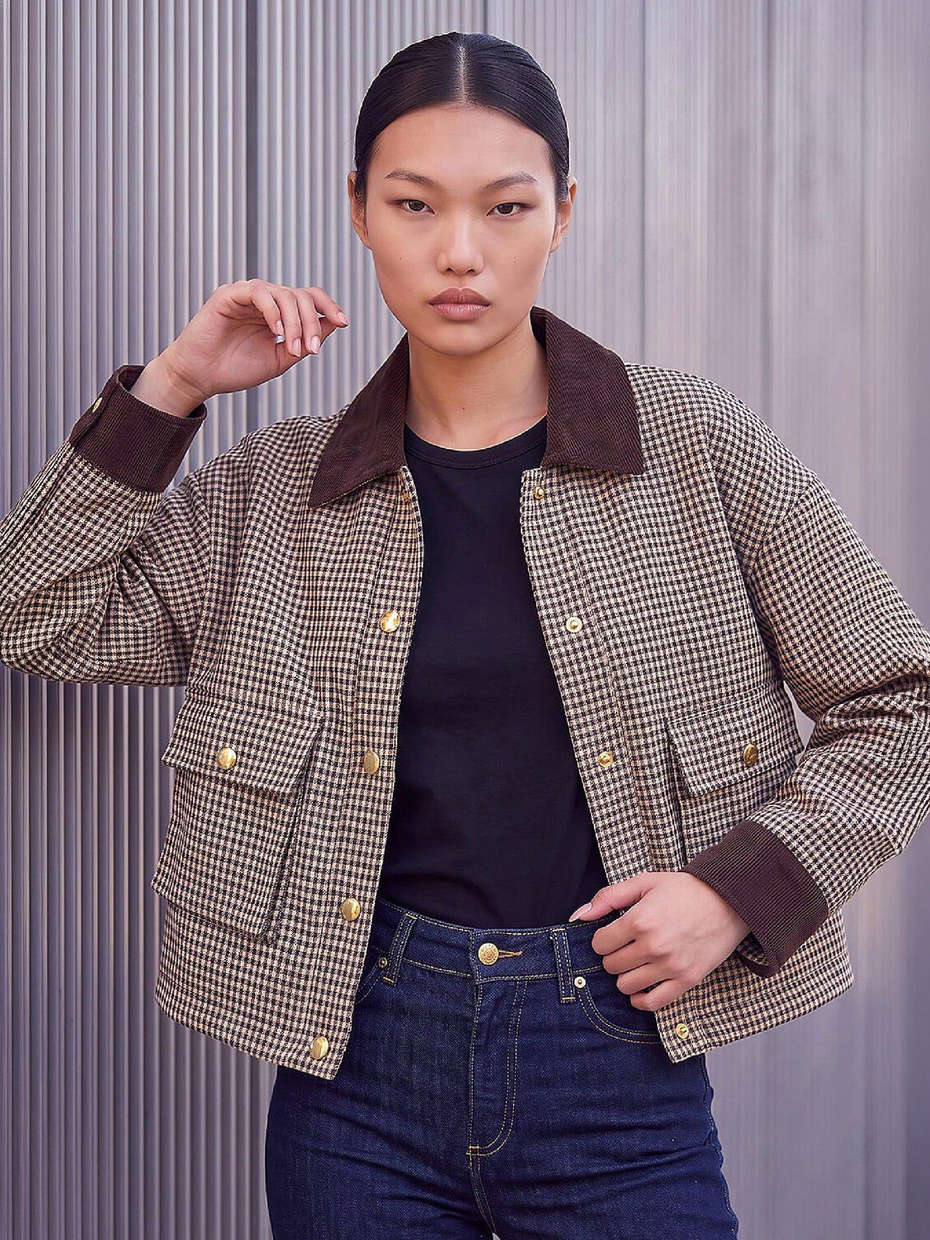 Image 1 of 4 of Roman Womens Check Cord Trim Collared Jacket - Cream
