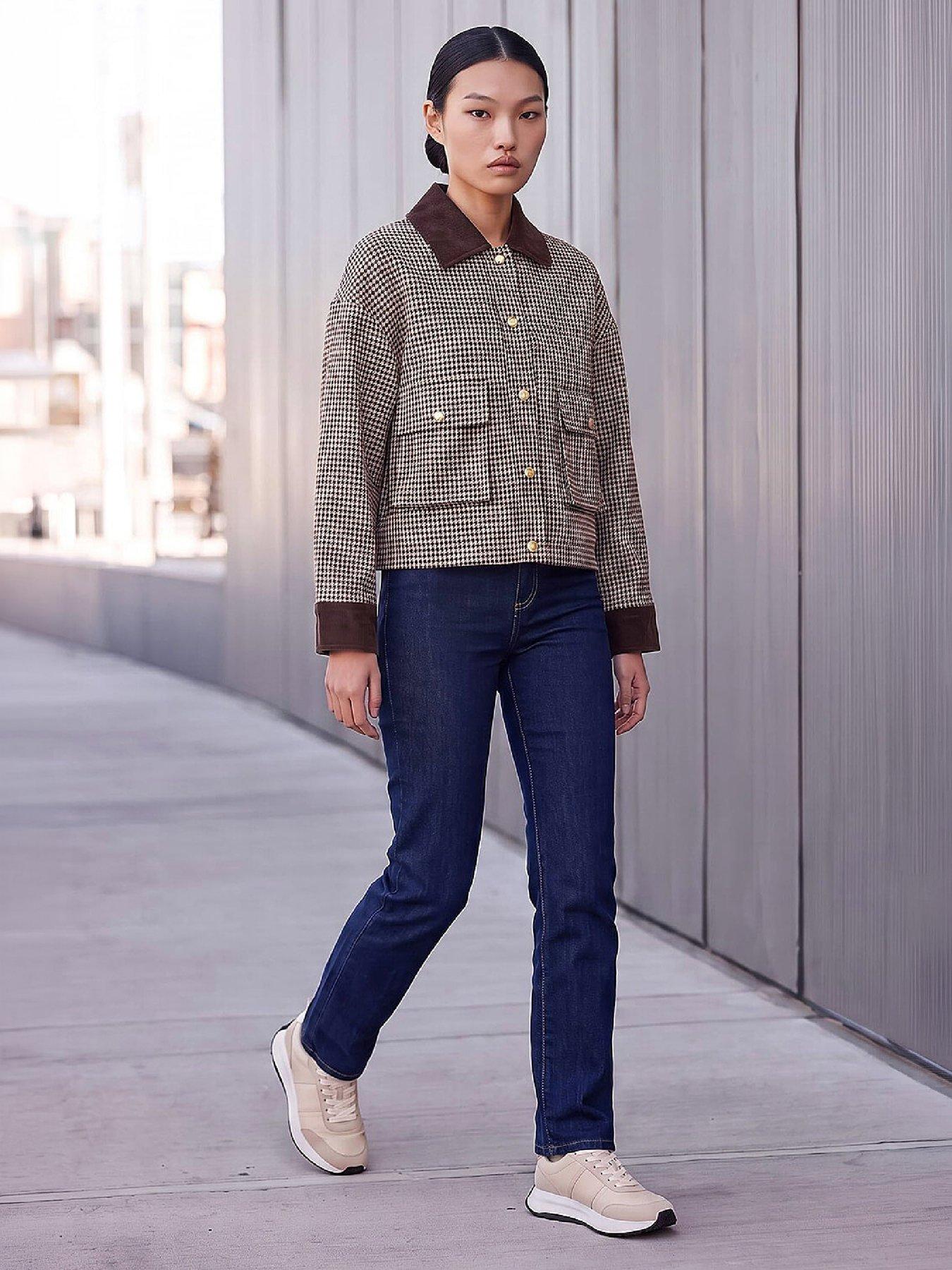 Image 3 of 4 of Roman Womens Check Cord Trim Collared Jacket - Cream