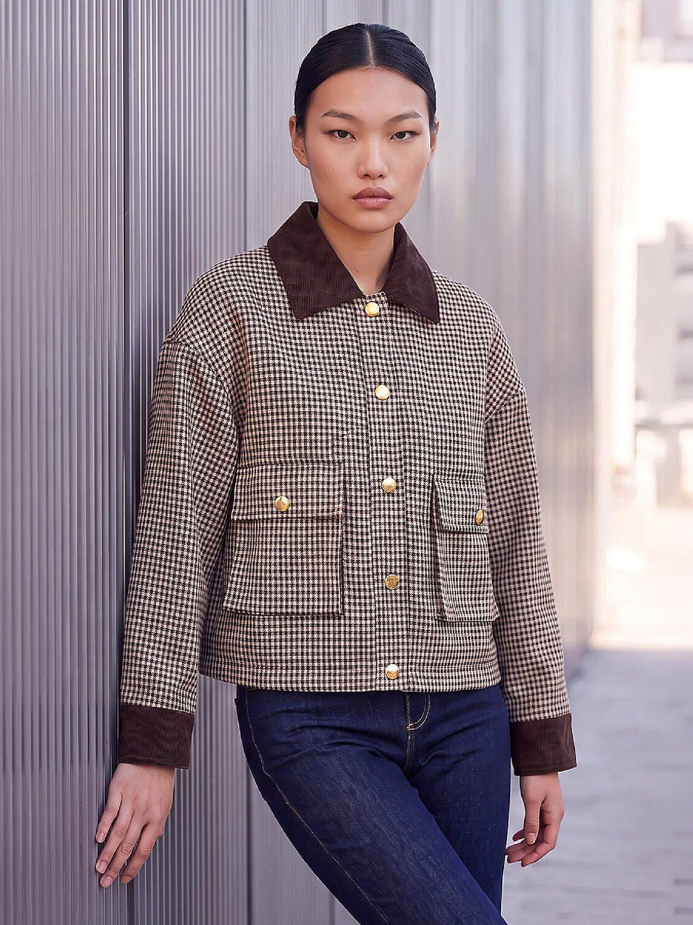 Image 4 of 4 of Roman Womens Check Cord Trim Collared Jacket - Cream