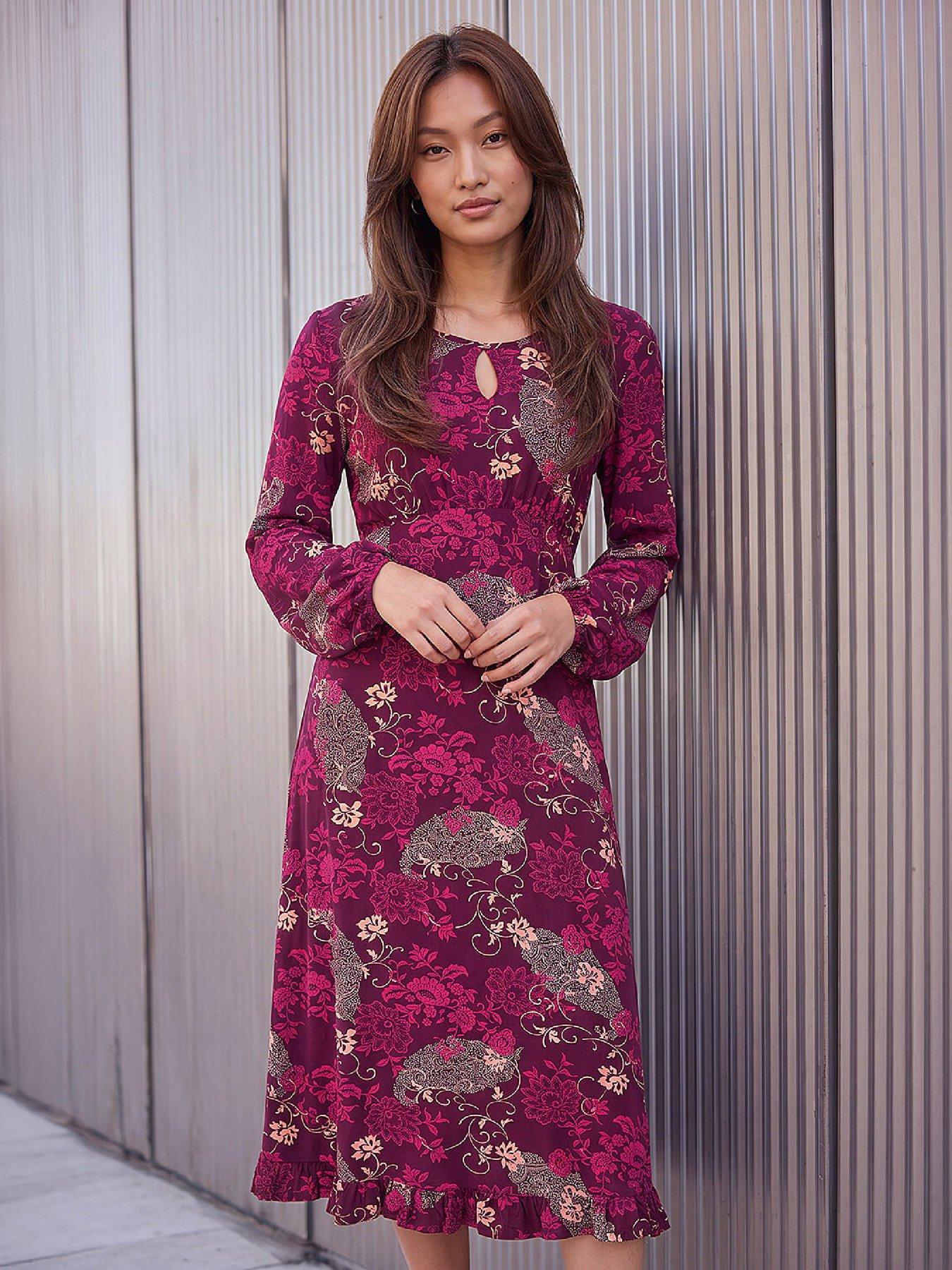 Roman Women's Wine Floral Keyhole Dress In | : Size 10 - Image 6