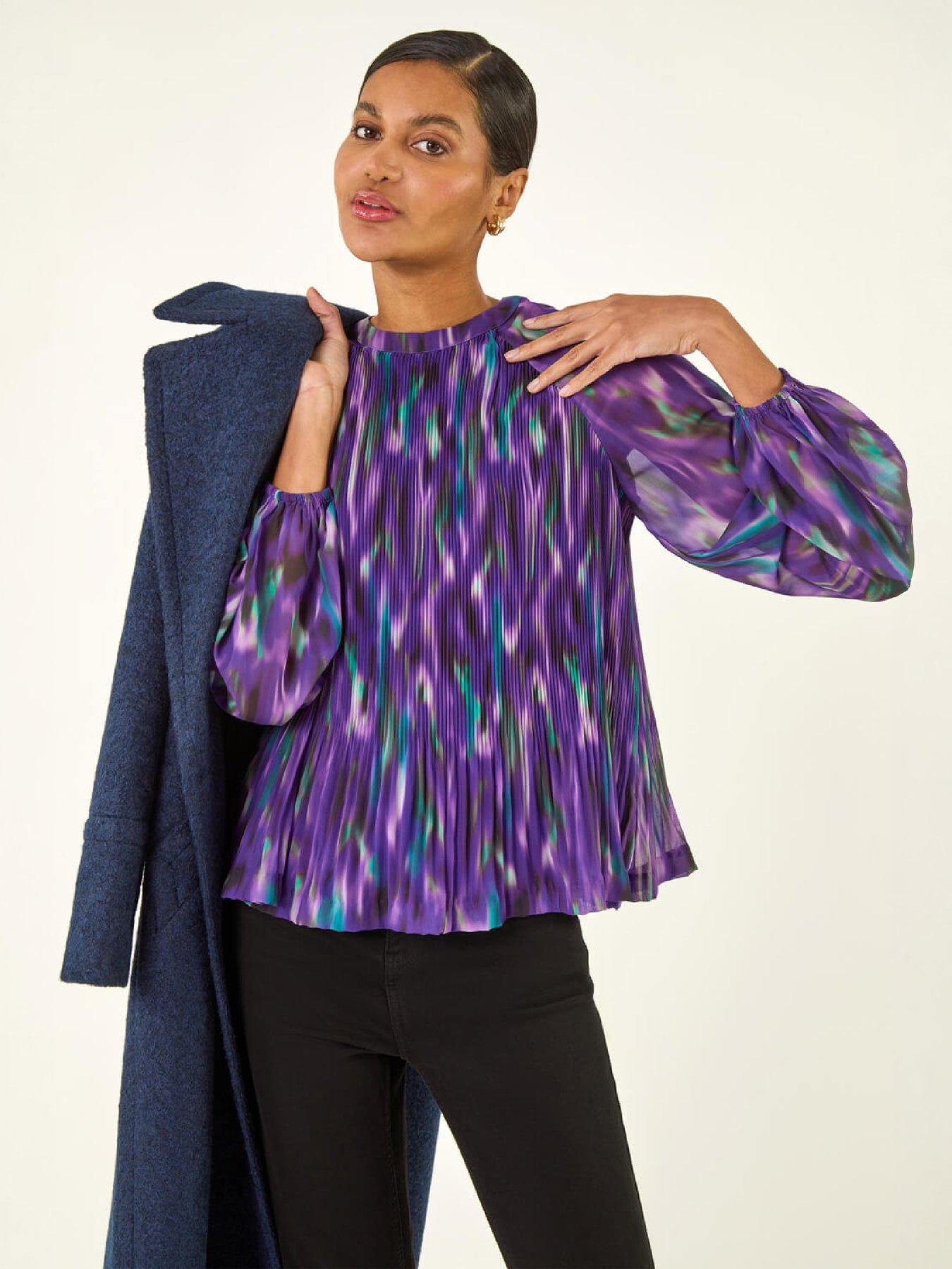 Roman Women's Purple Abstract Print Pleated Top In | : Size 18 - Image 6