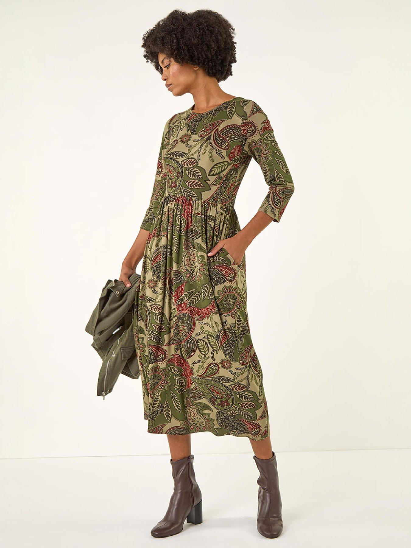 Roman Women's Paisley Print Stretch Midi Dress in Khaki | Size: 20 - Image 2