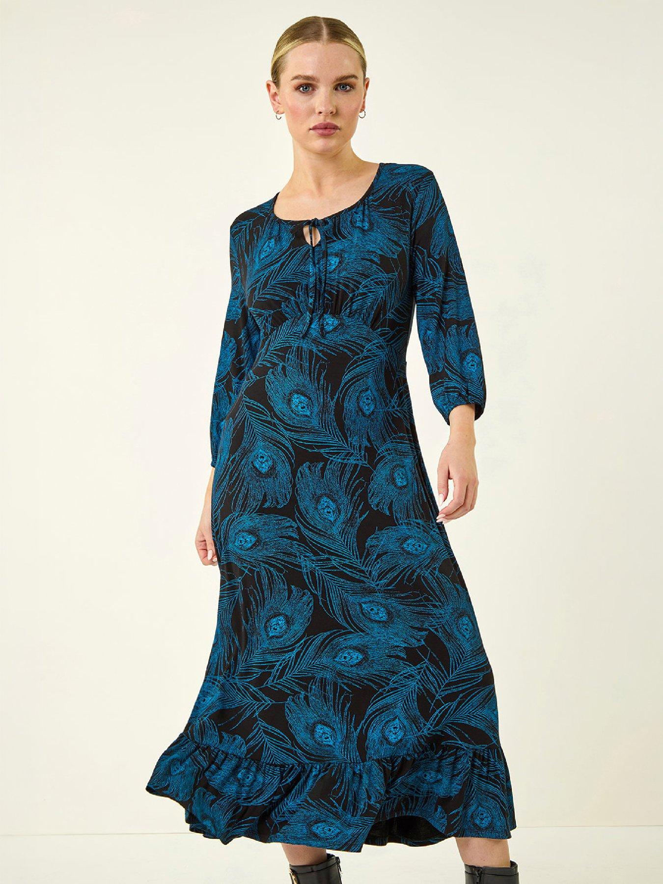Roman Women's Blue Petite Feather Print Keyhole Midi Dress In | : Size 10 - Image 6