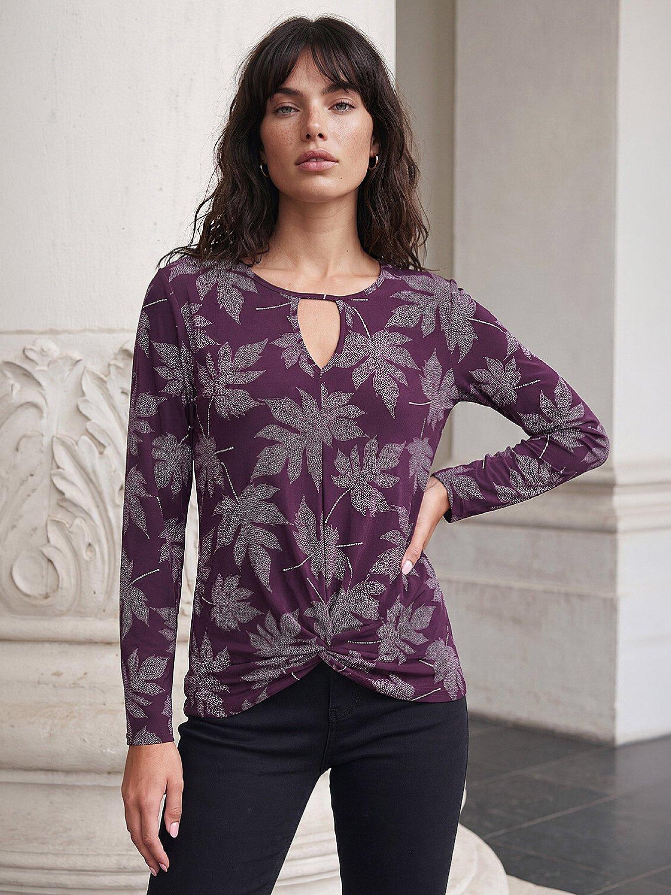 Image 1 of 3 of Roman Womens Leaf Print Twist Front Keyhole Top - Purple