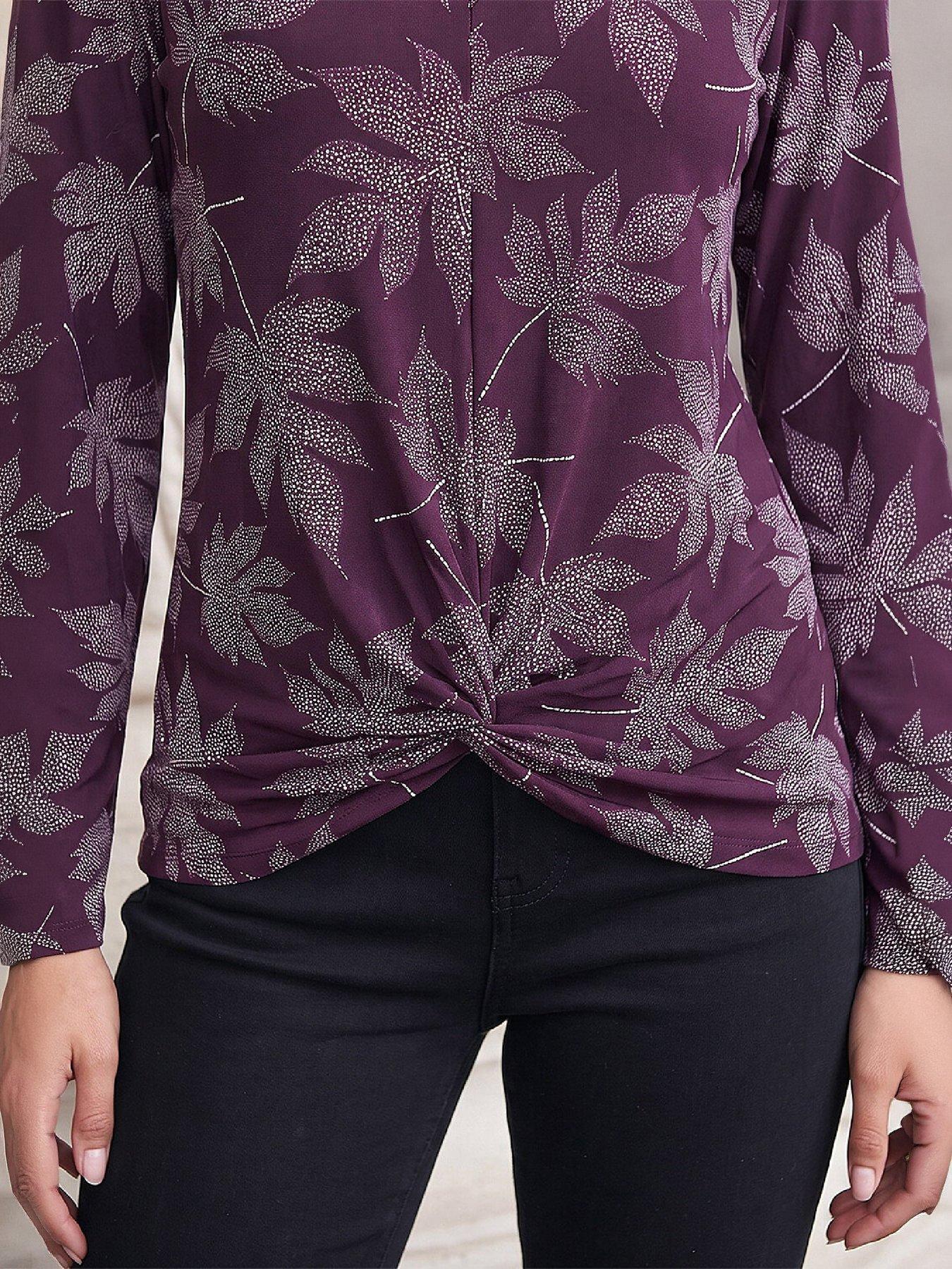 Image 2 of 3 of Roman Womens Leaf Print Twist Front Keyhole Top - Purple