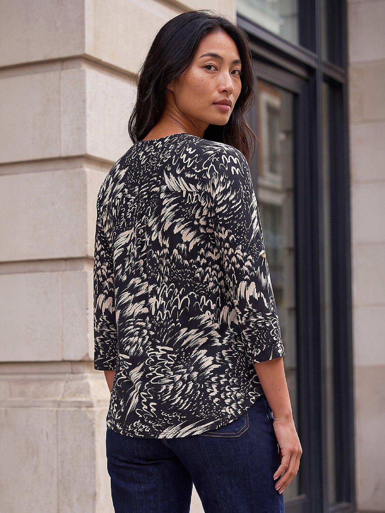 Image 3 of 4 of Roman Womens Petite Abstract Print V-Neck 3/4 Sleeve Shirt - Black