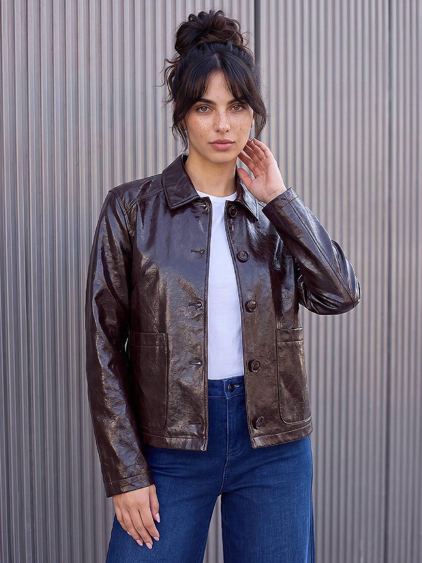 Dusk Women's Chocolate Faux Leather Collared Jacket In | Size: 8 - Image 2