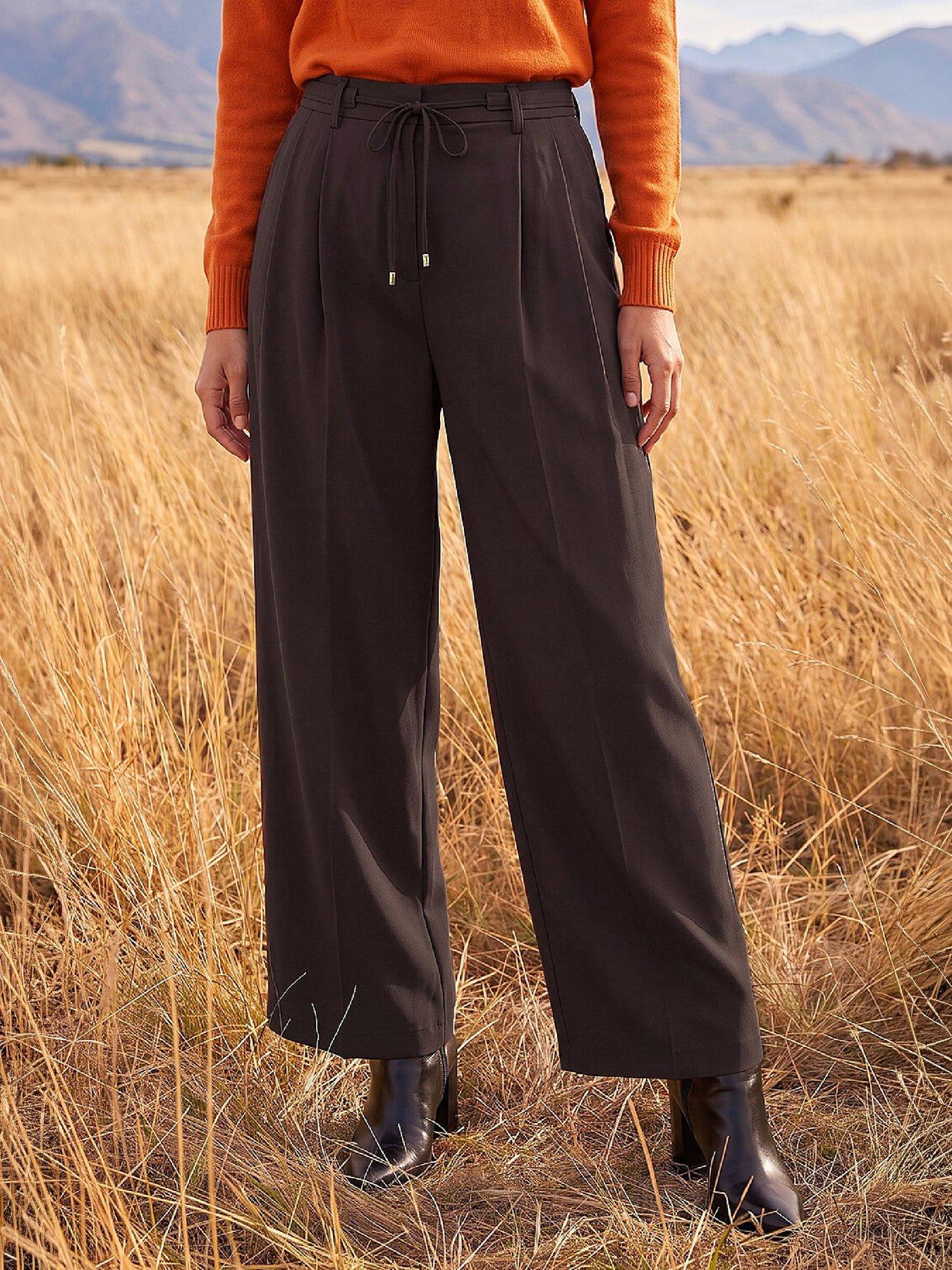 Image 1 of 4 of Roman Womens Tie Waist Wide Leg Full Length Trousers - Brown