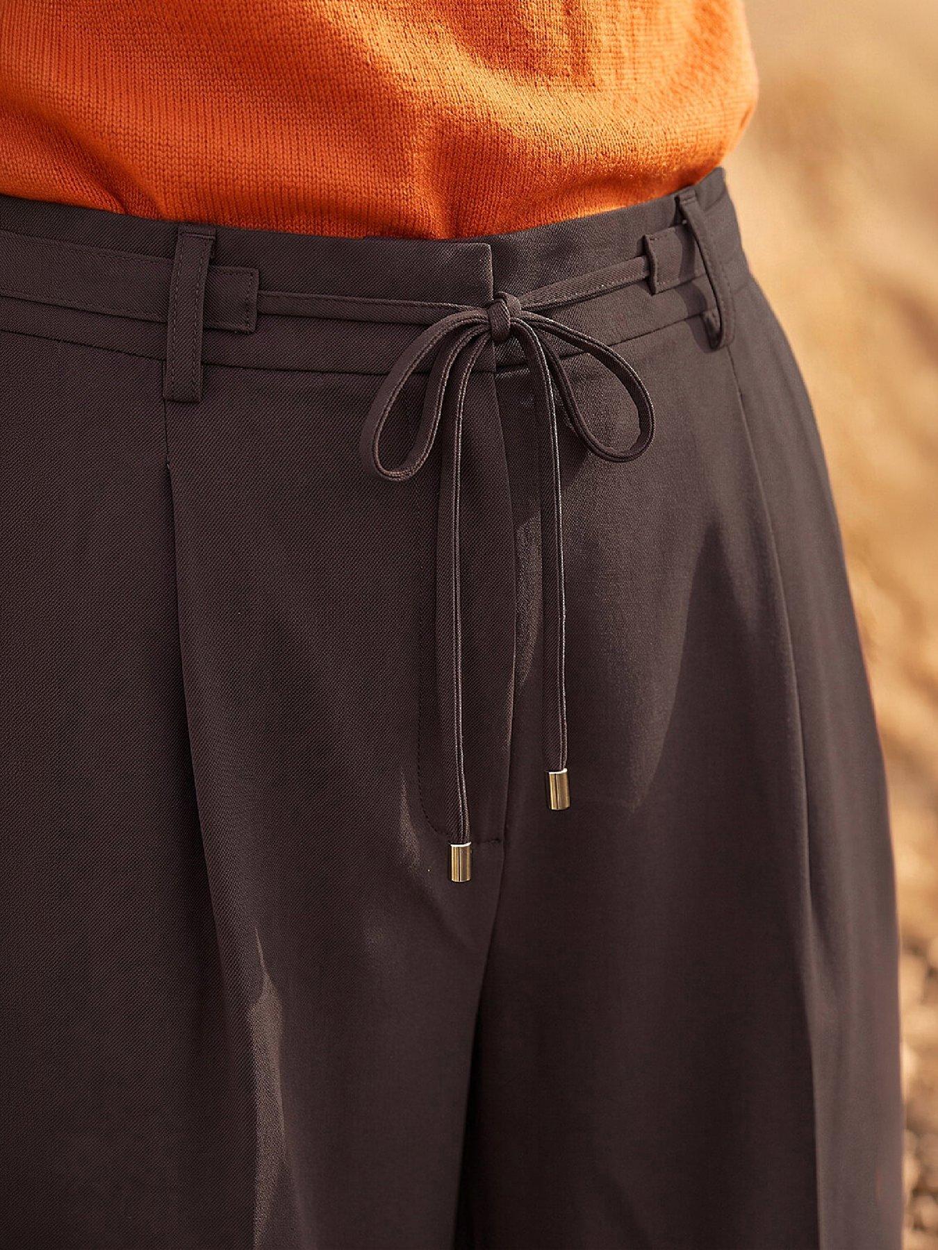 Image 2 of 4 of Roman Womens Tie Waist Wide Leg Full Length Trousers - Brown