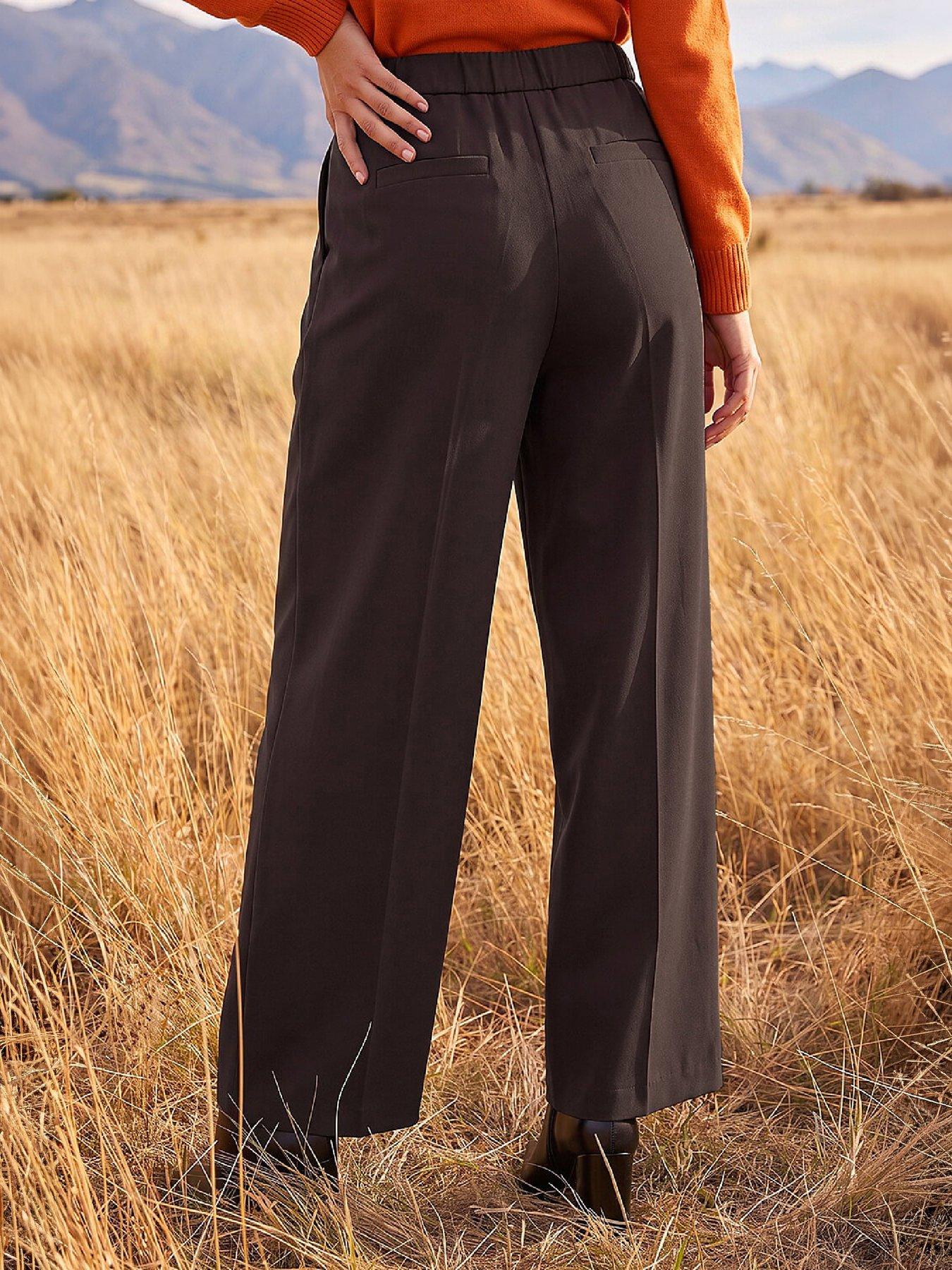 Image 3 of 4 of Roman Womens Tie Waist Wide Leg Full Length Trousers - Brown