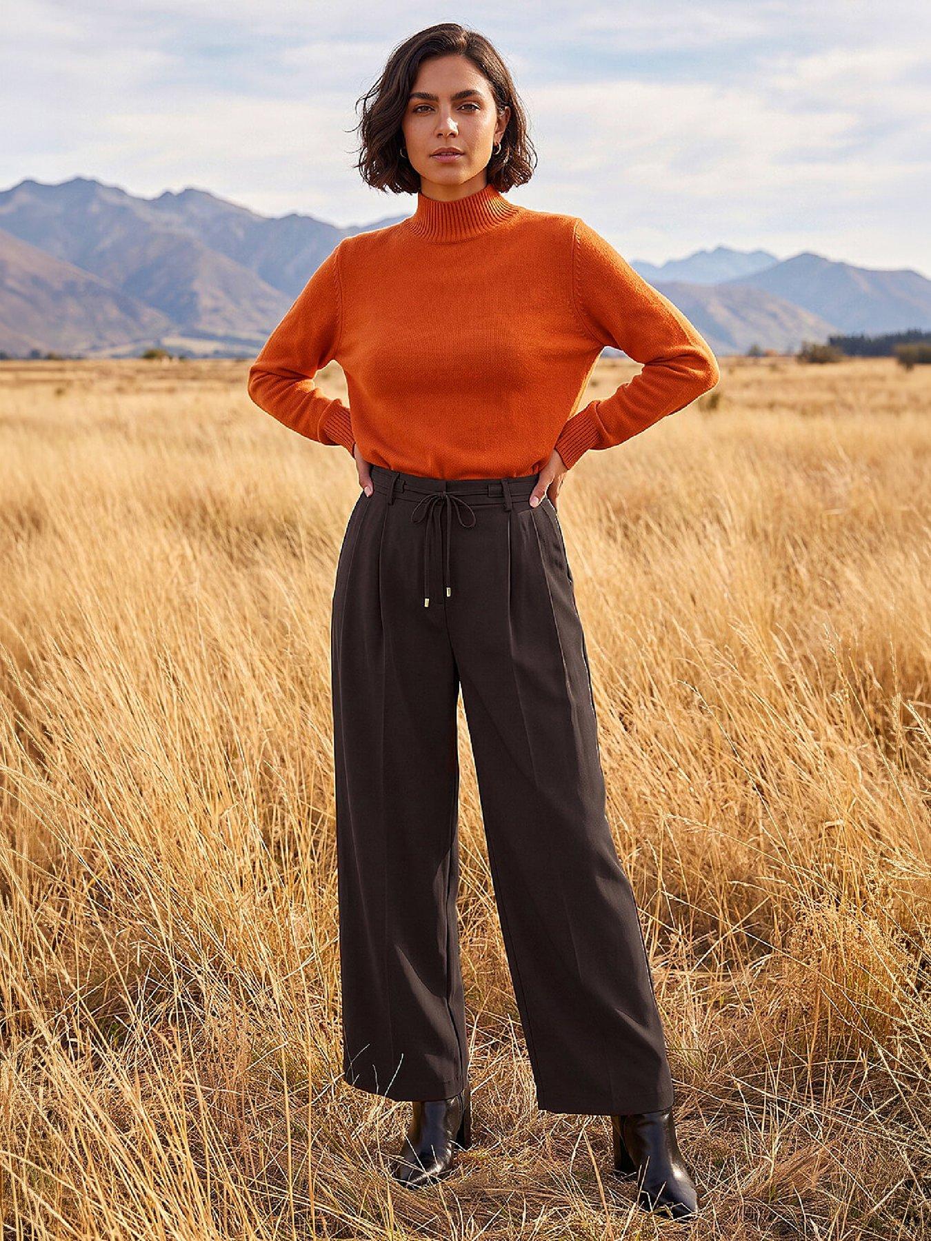 Image 4 of 4 of Roman Womens Tie Waist Wide Leg Full Length Trousers - Brown