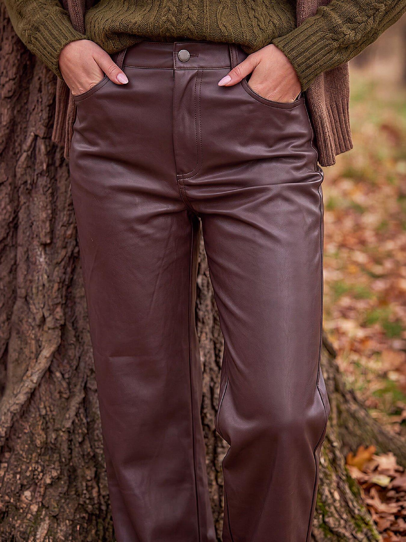 Image 2 of 4 of Roman Womens Faux Leather Straight Leg Jeans - Chocolate