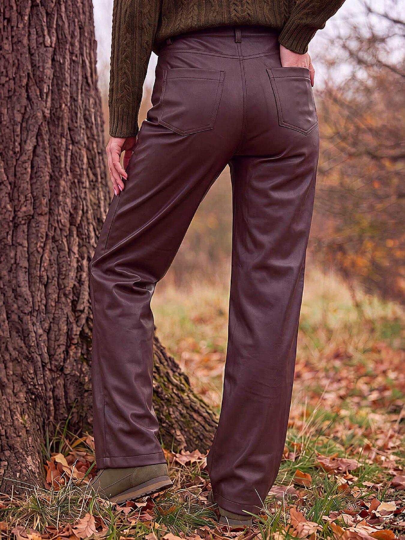 Image 3 of 4 of Roman Womens Faux Leather Straight Leg Jeans - Chocolate