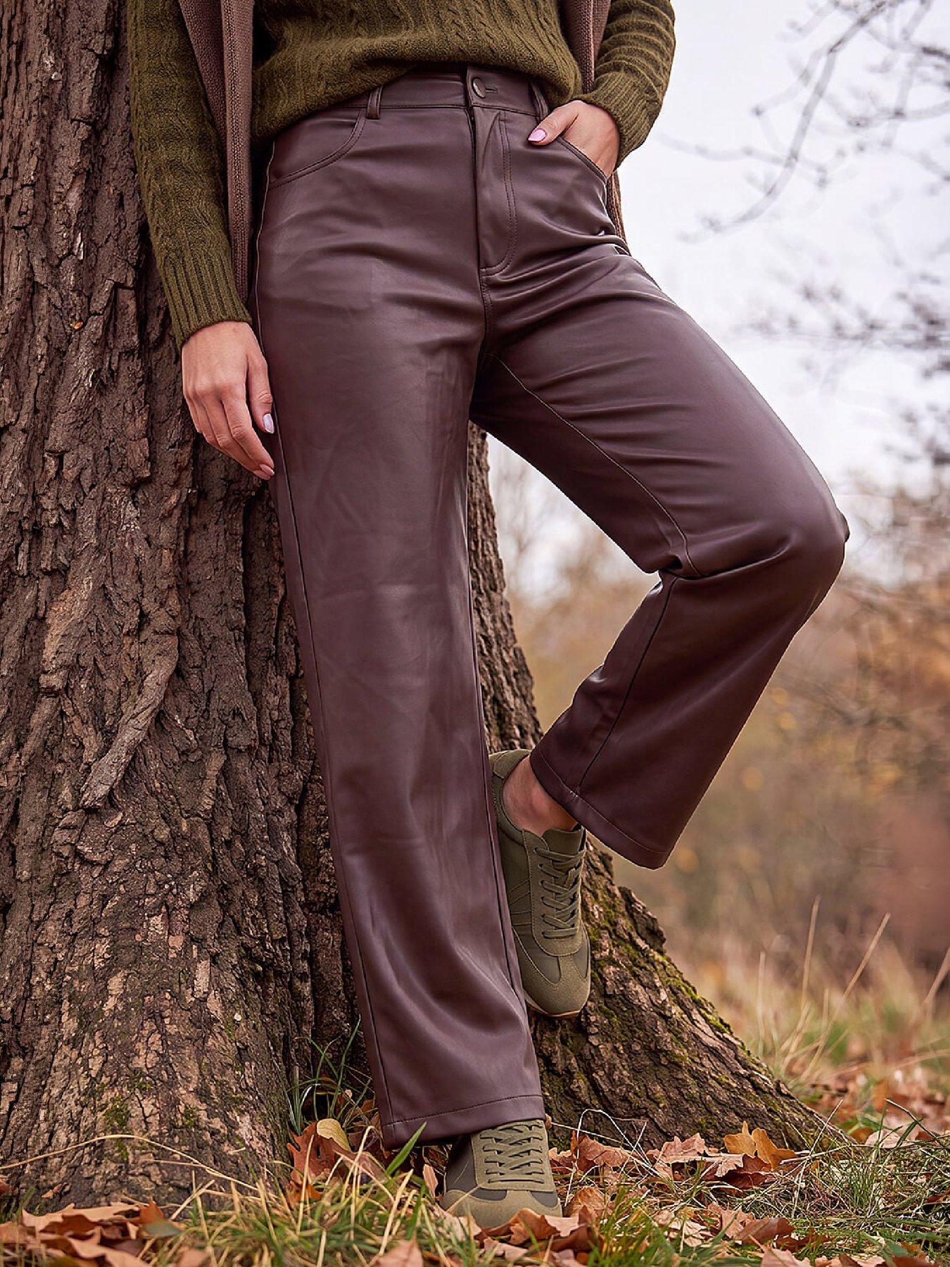 Image 4 of 4 of Roman Womens Faux Leather Straight Leg Jeans - Chocolate