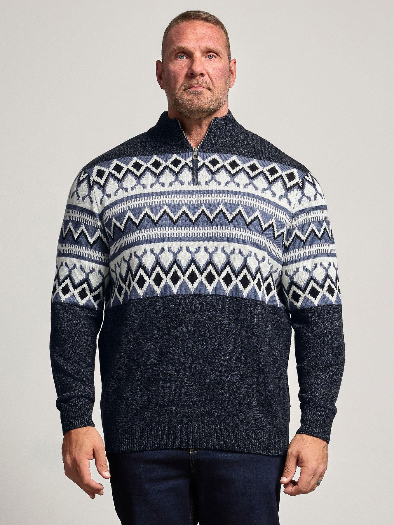BadRhino Mens Big & Tall Fair Isle Half Zip Knitted Jumper, Grey, Size 2Xl, Men