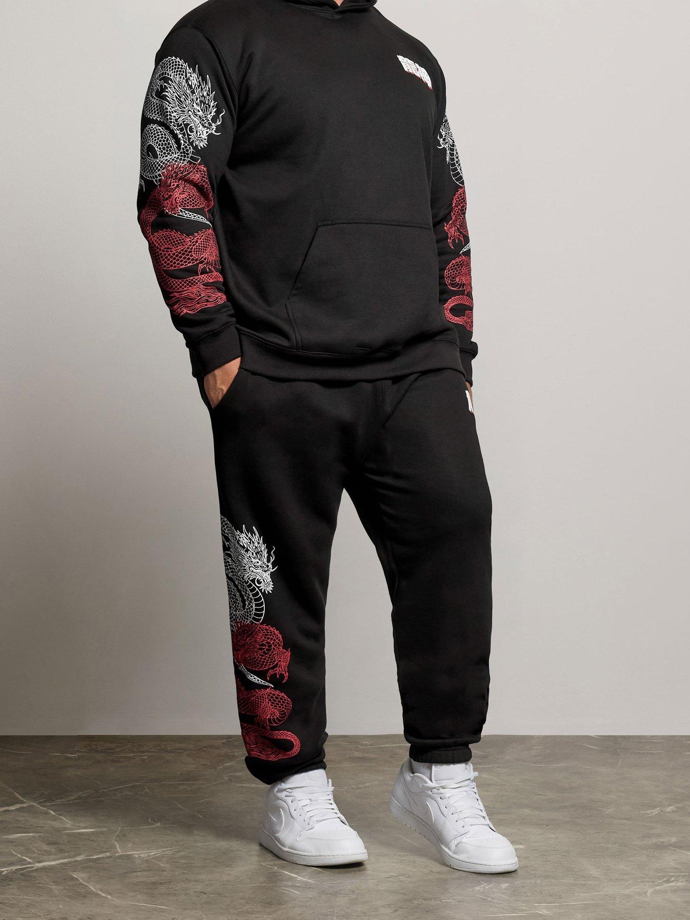 Badrhino Mens Dragon Print Drawcord Cuffed Jogging Bottoms - Black